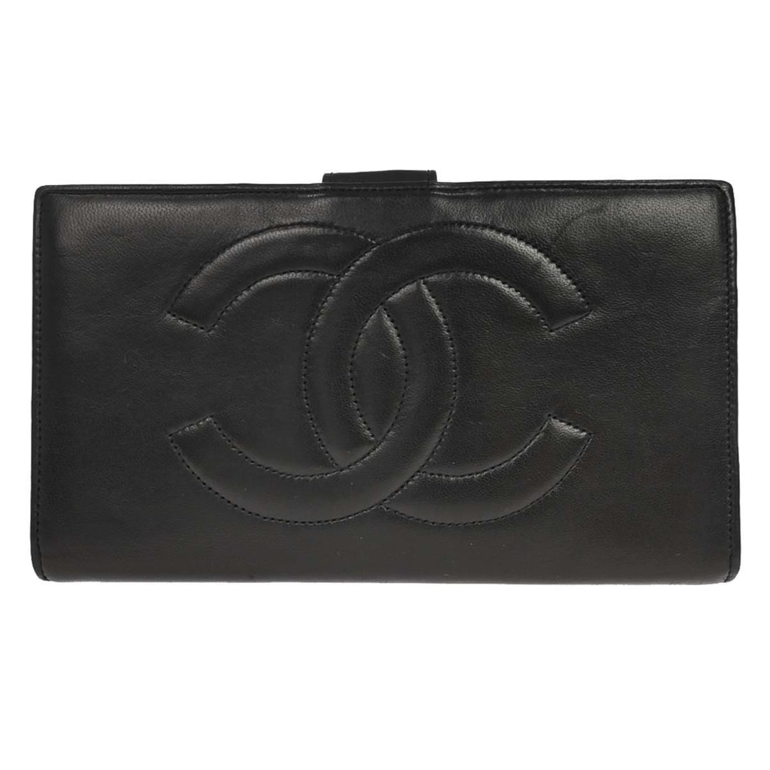 CHANEL CC Black Lambskin Wallet for Women: CHANEL CC Black Lambskin Wallet for Women Vintage Chanel long wallet in black lambskin leather with CC pattern. It features a coin pocket, bill pocket, six card pockets, and two additional pockets. Th