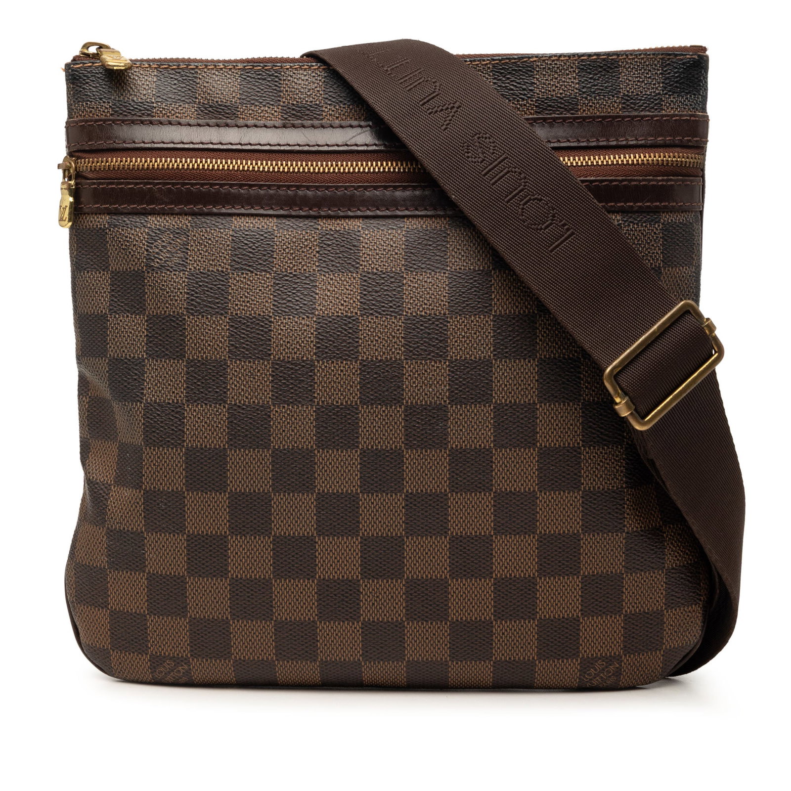Louis Vuitton Bosphore Pochette Damier Ebene Brown Crossbody Bag: Louis Vuitton Bosphore Pochette Damier Ebene Brown Crossbody Bag Louis Vuitton Damier Ebene Bosphore Pochette in brown fabric with an adjustable flat strap, top zip closure, and exterior zip pocket. M