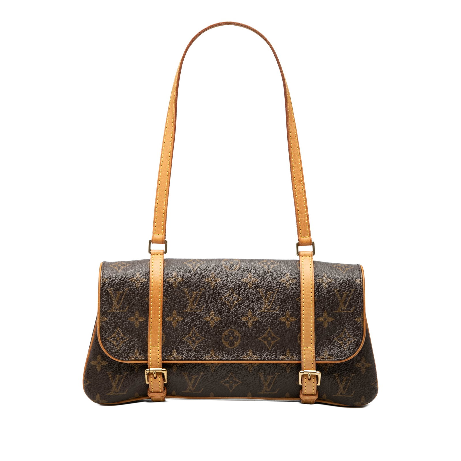 Louis Vuitton Marelle Monogram Canvas Shoulder Bag Brown: Louis Vuitton Marelle Monogram Canvas Shoulder Bag Brown Louis Vuitton Marelle shoulder bag in monogram canvas with flat vachetta leather shoulder straps and a front flap with belt buckle closures. Th