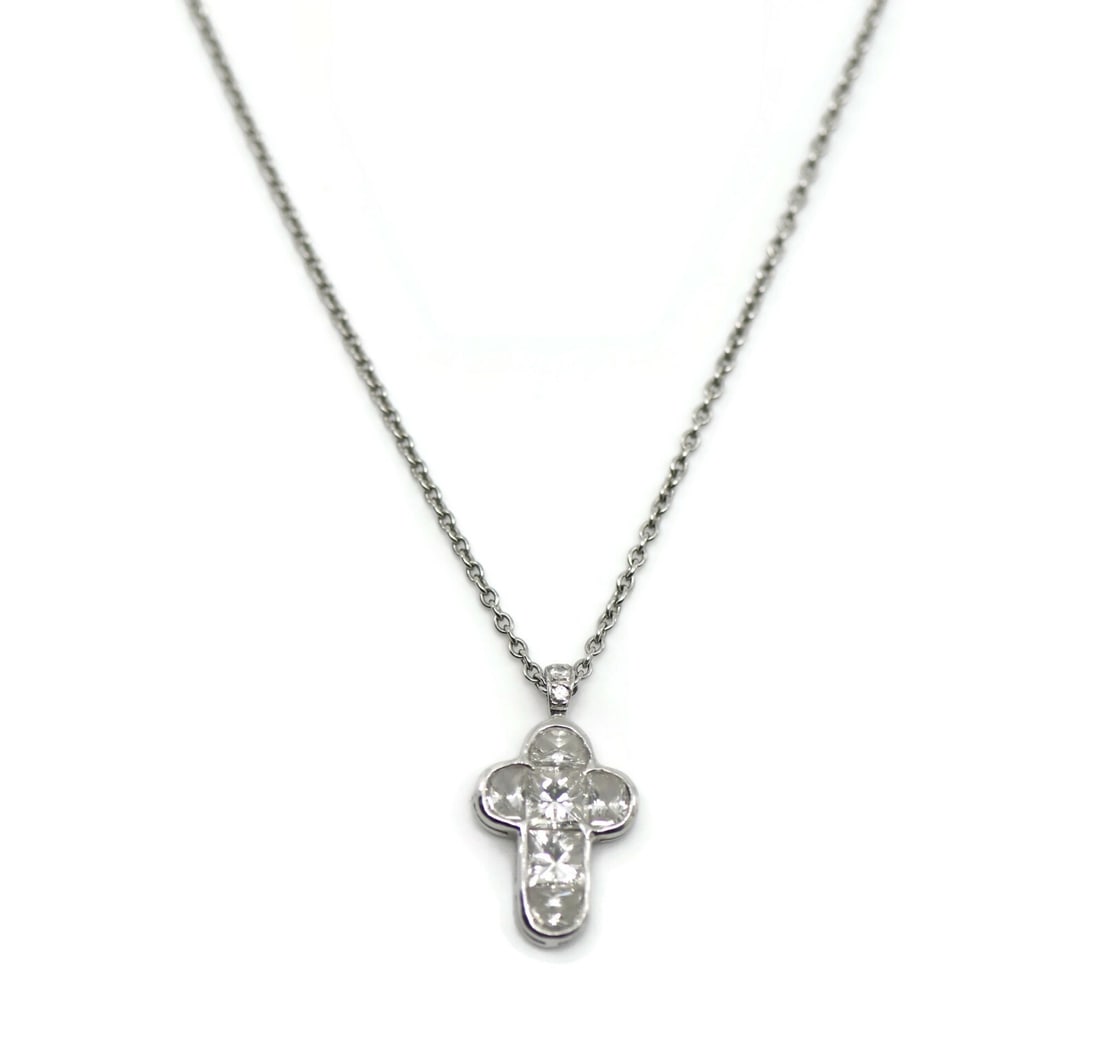 Diamond Cross Pendant Necklace in Platinum by Fred Leighton 14 Inch: Diamond Cross Pendant Necklace in Platinum by Fred Leighton 14 Inch This Fred Leighton necklace features a cross-shaped pendant crafted in platinum and set with diamonds. The necklace measures 14 inch