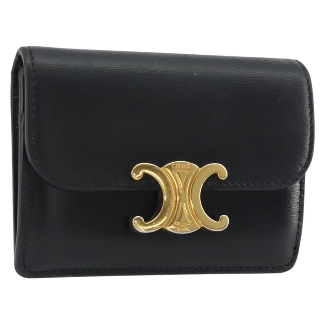 CELINE Triomphe Leather Card Case Black Gold Italy: CELINE Triomphe Leather Card Case Black Gold Italy Authentic CELINE Triomphe card case in black leather with gold-tone accents. Made in Italy, this women's card case includes the dust bag and item box