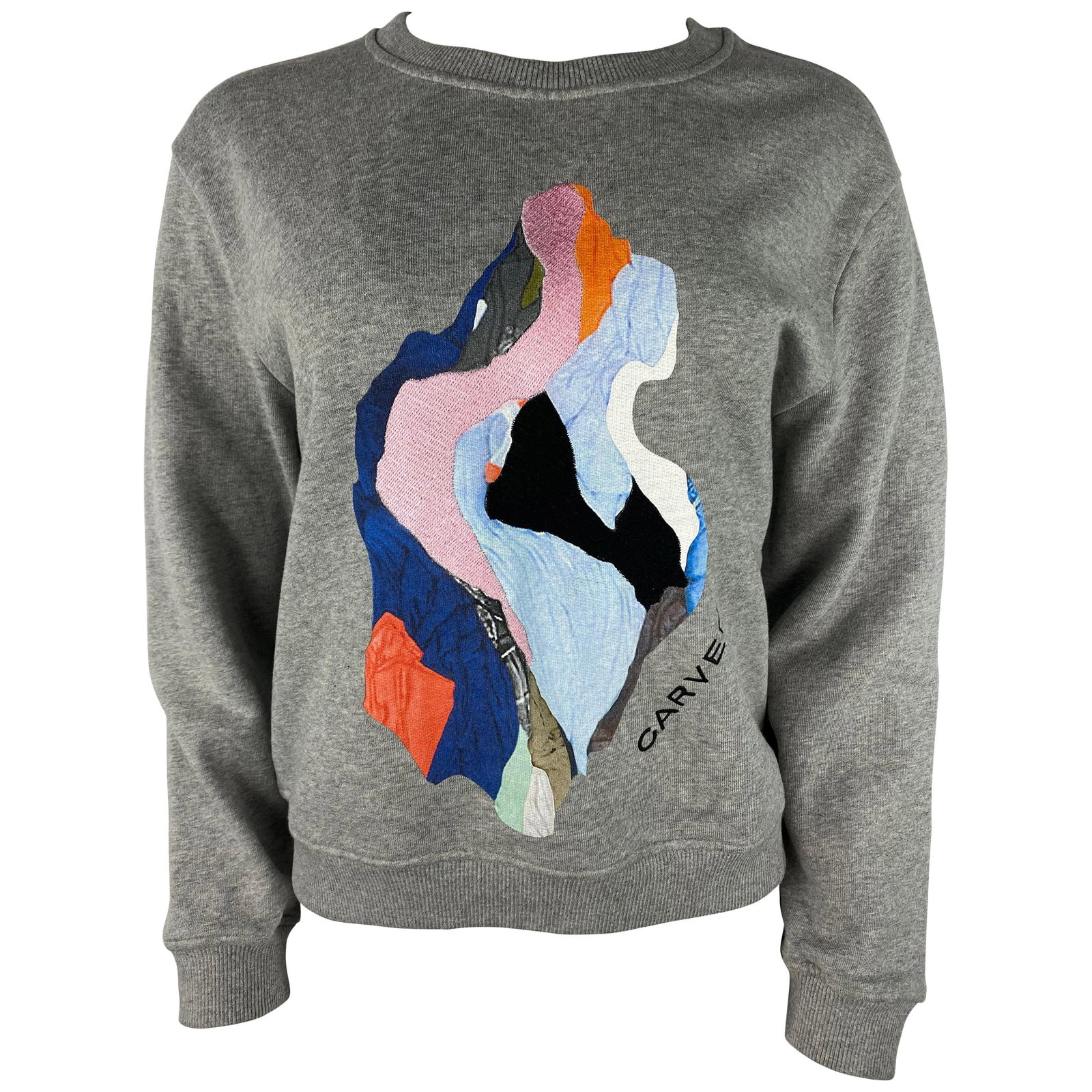 Carven abstract print crewneck sweatshirt top size M: Carven abstract print crewneck sweatshirt top size M Carven grey sweatshirt pullover top in size M (US), featuring a multicolored front abstract design detail, crew neckline, and long sleeves. The ite