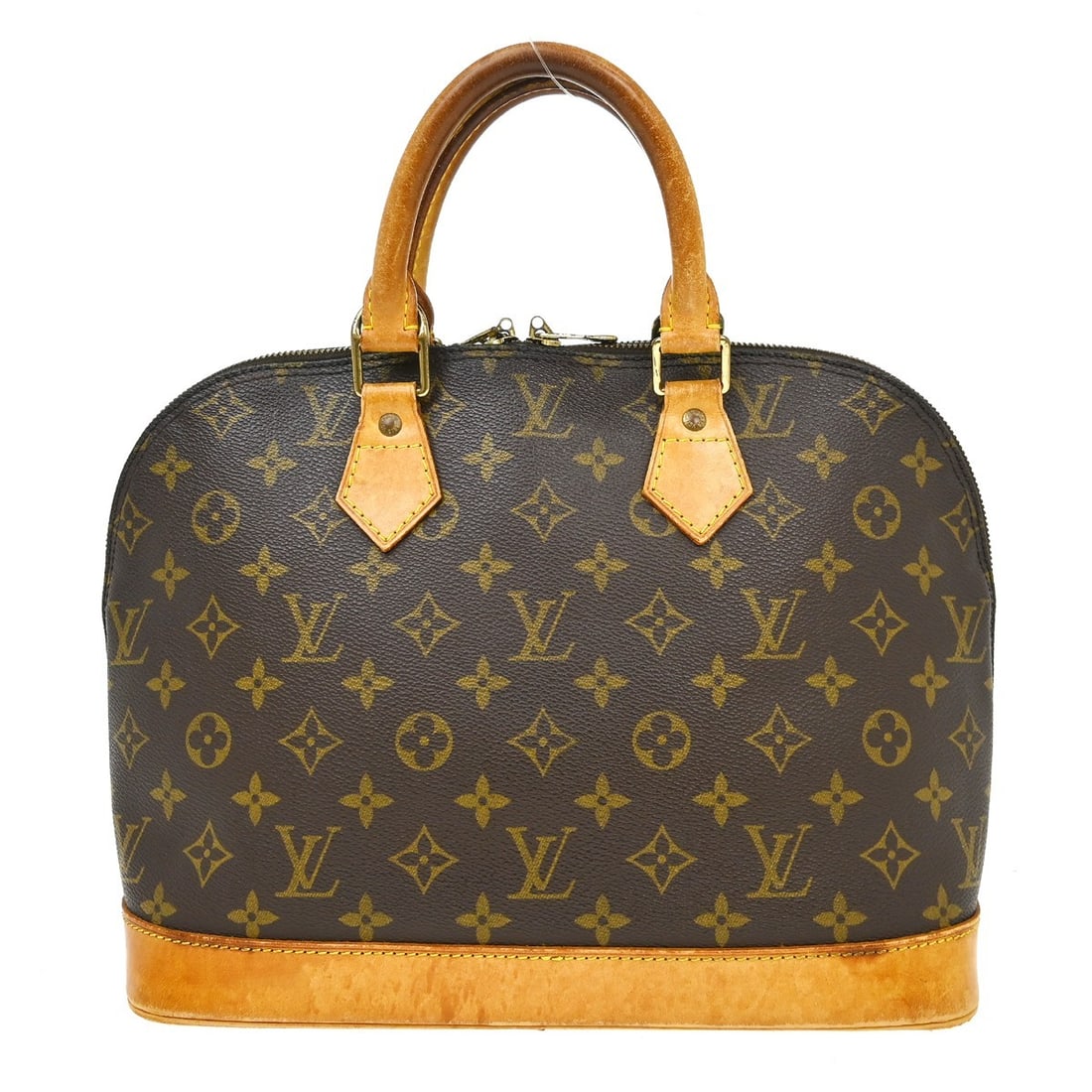 Louis Vuitton Alma Handbag in Brown Monogram Canvas: Louis Vuitton Alma Handbag in Brown Monogram Canvas Louis Vuitton Alma handbag in brown monogram canvas. This structured top-handle bag is made in France and shows fair overall condition, with visible
