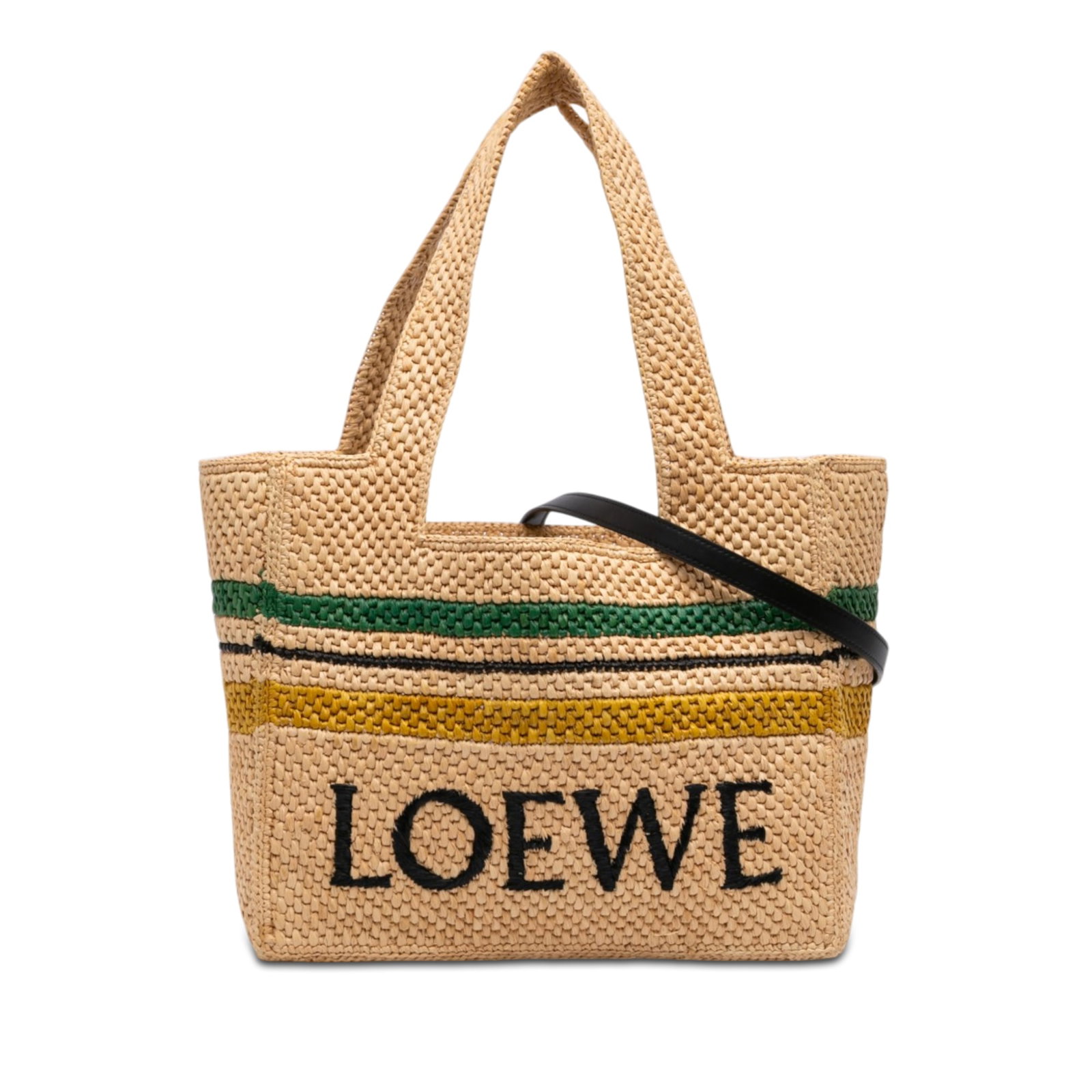 LOEWE Paulas Ibiza Medium Raffia Tote with Leather Strap: LOEWE Paulas Ibiza Medium Raffia Tote with Leather Strap LOEWE Paulas Ibiza Medium Raffia Striped Font Tote satchel in beige, featuring a raffia body, flat handles, a detachable flat leather strap, an