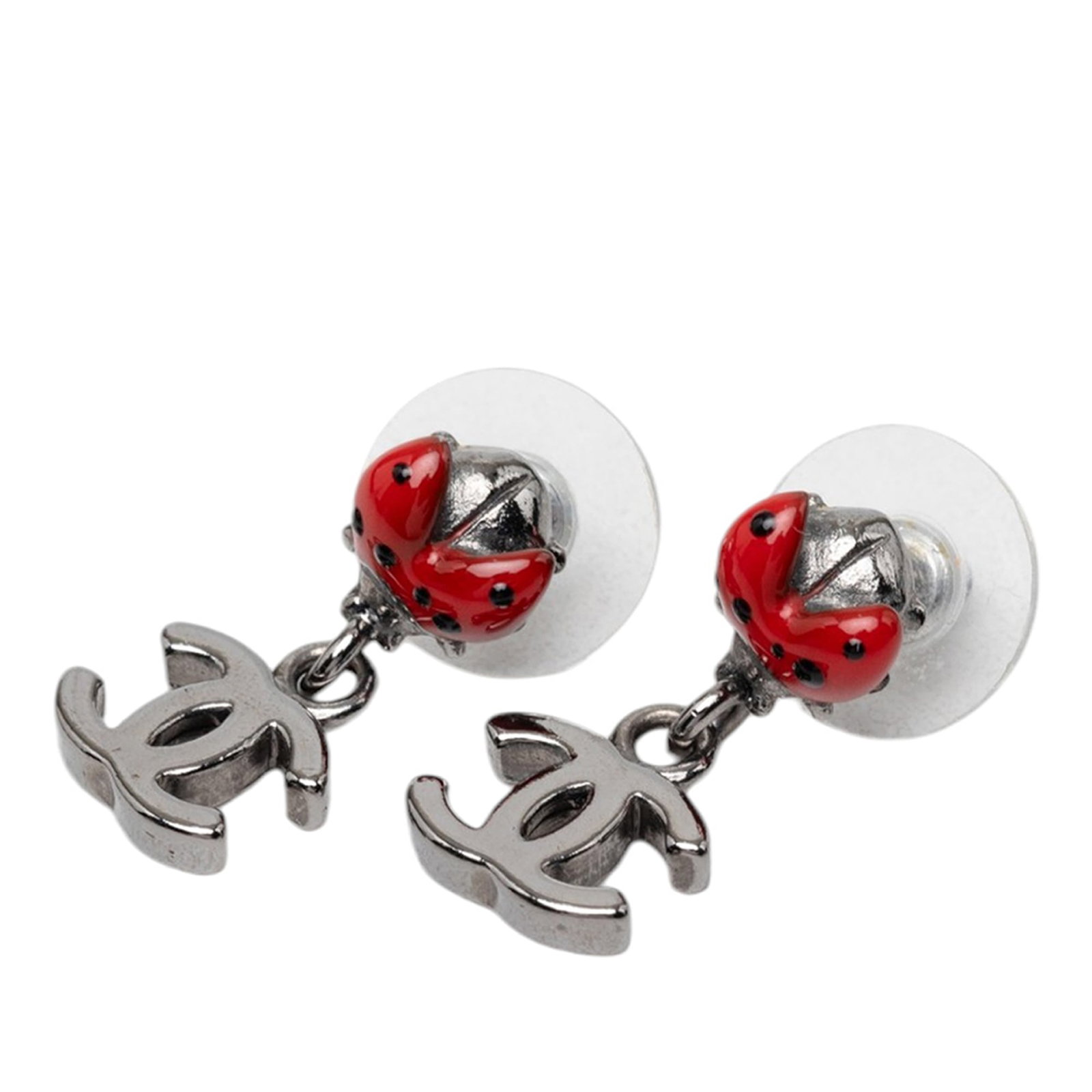 Chanel Lady Bug CC Drop Earrings Silver Tone Enamel: Chanel Lady Bug CC Drop Earrings Silver Tone Enamel Chanel costume earrings featuring a lady bug CC drop design with bullet back closures. They are described as silver-tone metal with an enamel body a