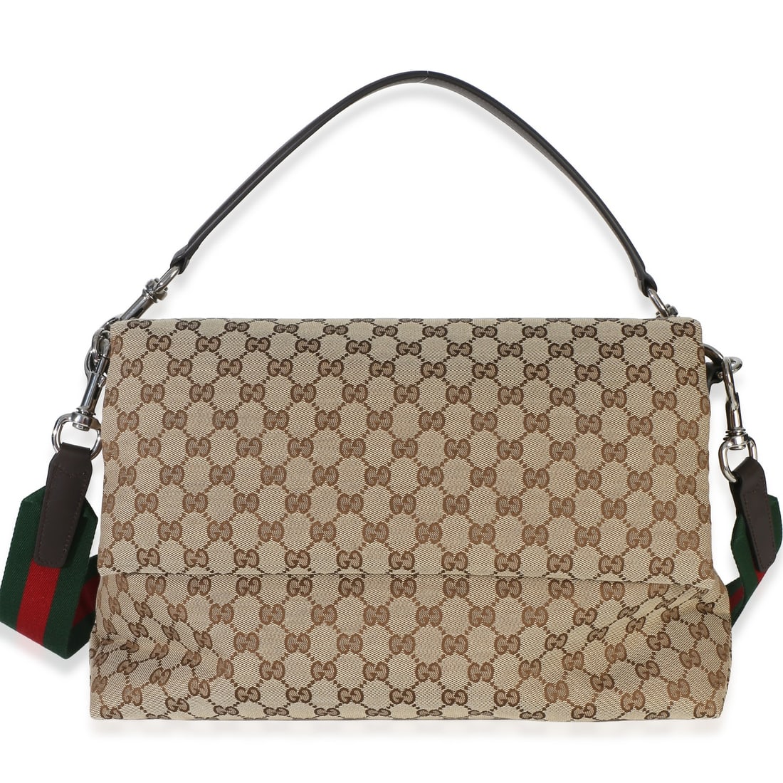 Gucci GG Monogram Canvas Messenger Bag Beige Brown Large: Gucci GG Monogram Canvas Messenger Bag Beige Brown Large Pre-owned Gucci GG Monogram canvas large crossbody bag in dark brown with beige and brown monogram canvas. This unisex messenger-style bag feat