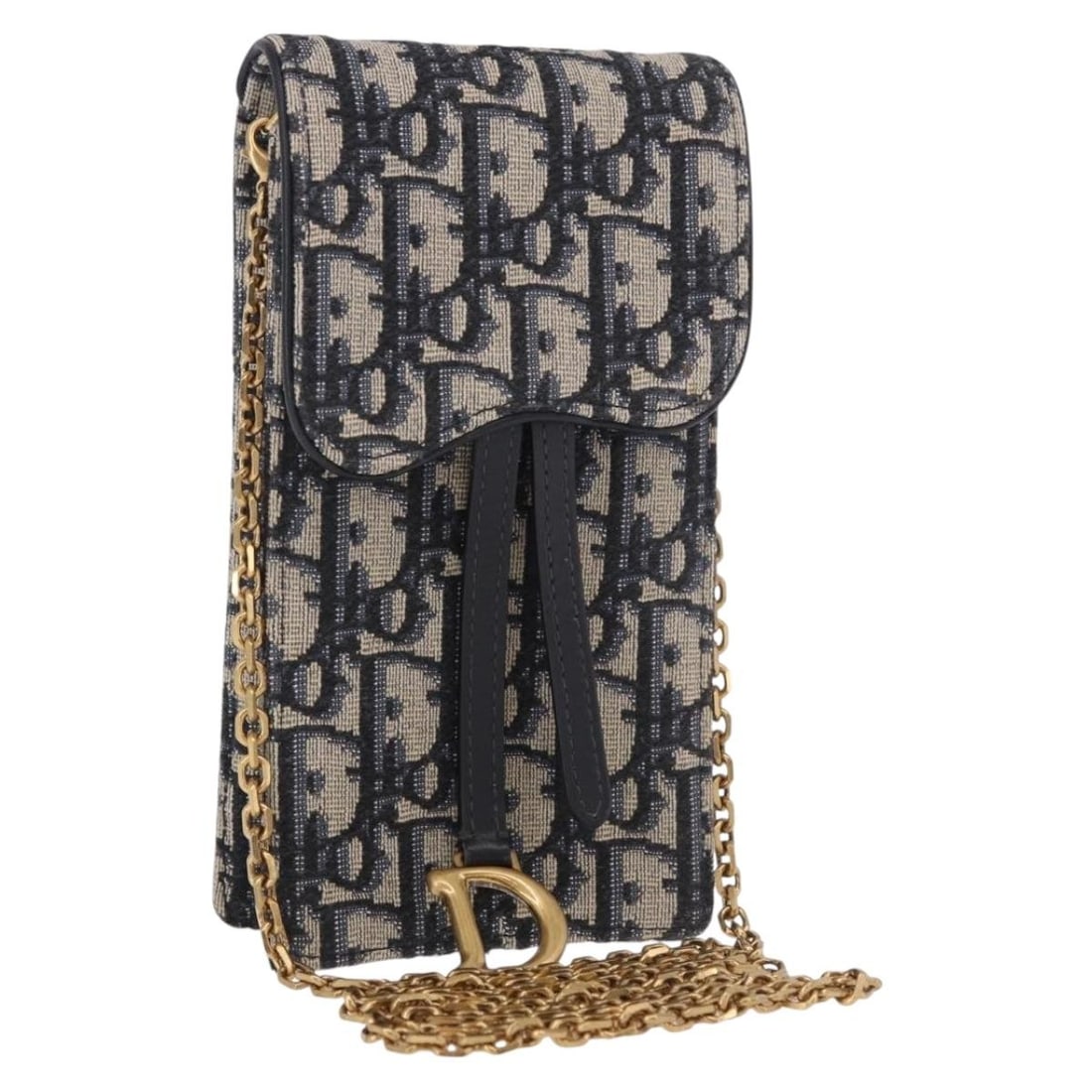 Christian Dior Saddle Chain Phone Pouch Trotter Canvas Navy Gold: Christian Dior Saddle Chain Phone Pouch Trotter Canvas Navy Gold Christian Dior pouch-style phone holder in Trotter Canvas with a navy and gold color scheme. Made in Italy, this item is described as b
