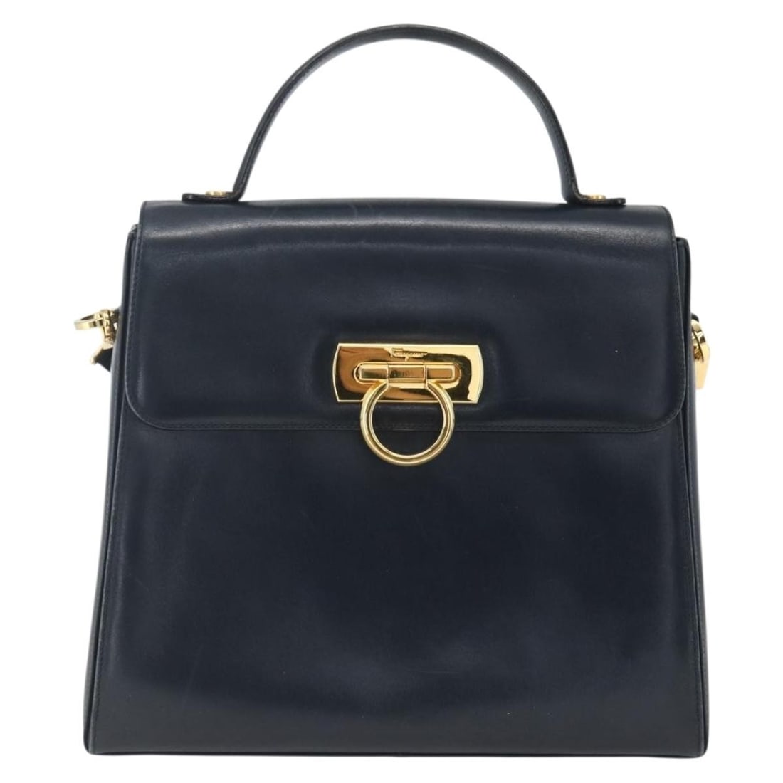 Navy Leather Top Handle Bag Salvatore Ferragamo Gancini Convertible (1 of 18)