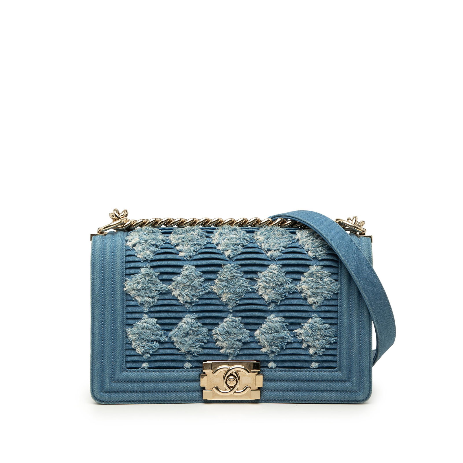 Chanel Boy Flap Old Medium Pleated Denim Shoulder Bag: Chanel Boy Flap Old Medium Pleated Denim Shoulder Bag Chanel Old Medium Pleated Denim Boy Flap bag featuring a pleated denim body, curb chain strap with an adjustable flat leather guard, front flap wi