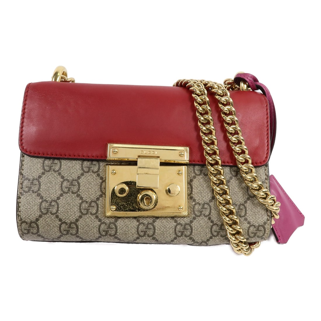 GUCCI Padlock 409487 Small Chain Shoulder Bag GG Coated Canvas Brown Red: GUCCI Padlock 409487 Small Chain Shoulder Bag GG Coated Canvas Brown Red Small Gucci Padlock chain shoulder bag in brown and red GG coated canvas. This women's shoulder bag features a chain strap, an 