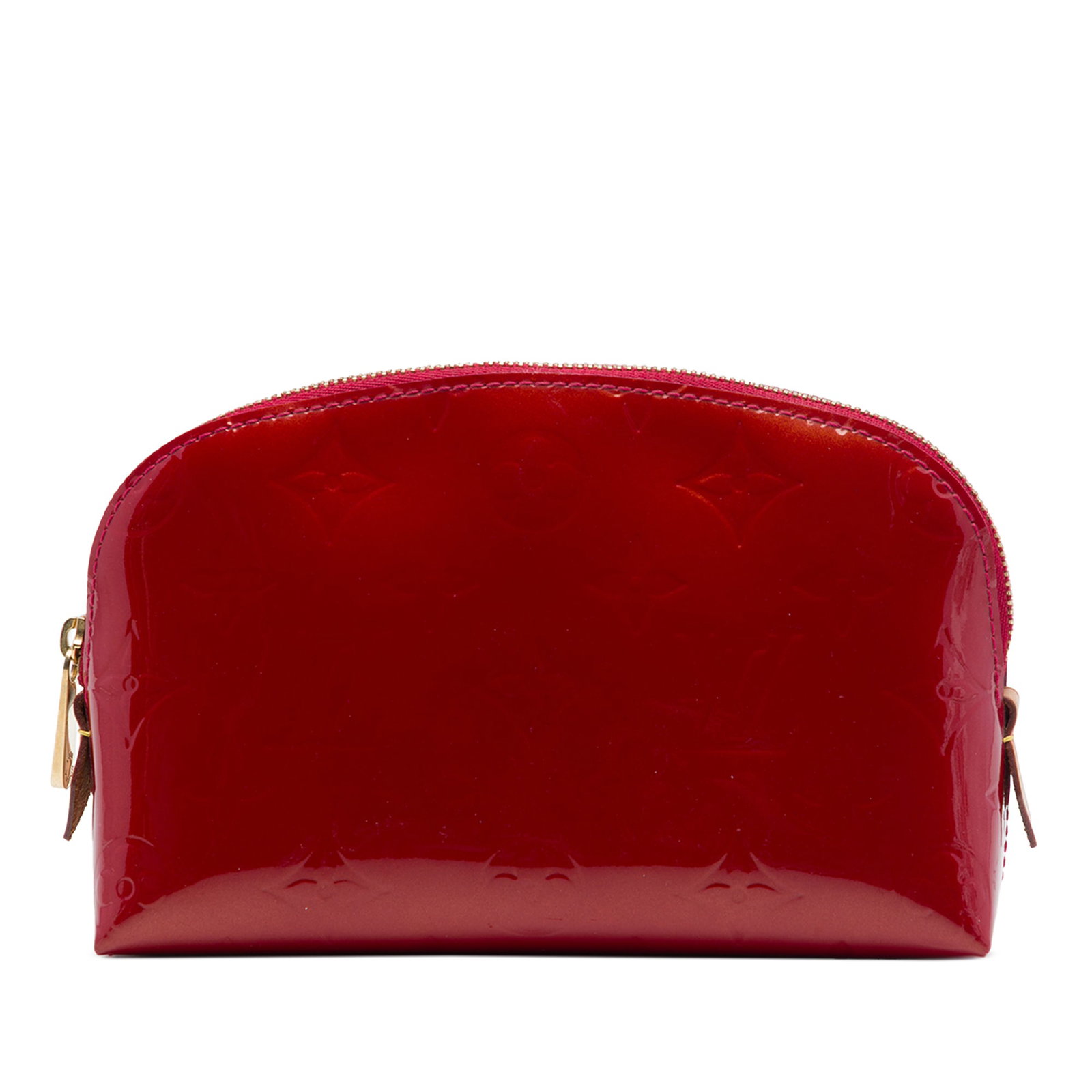Louis Vuitton Monogram Vernis red leather cosmetic pouch: Louis Vuitton Monogram Vernis red leather cosmetic pouch This Louis Vuitton Monogram Vernis Cosmetic Pouch is a compact SLG made in France. It features a vernis leather body, a top zip closure, and an