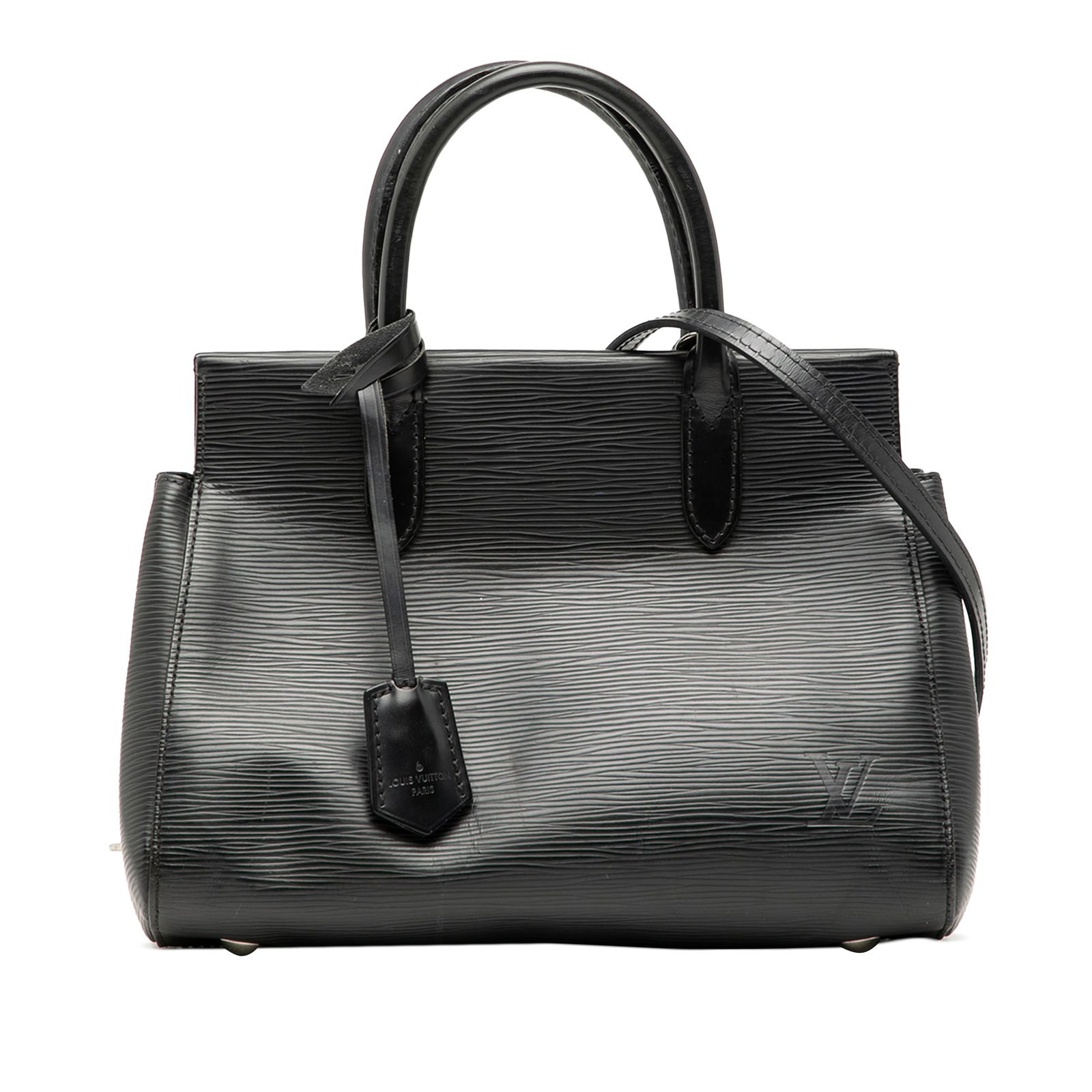 Louis Vuitton Black Epi Leather Marly BB Bag With Detachable Strap: Louis Vuitton Black Epi Leather Marly BB Bag With Detachable Strap The Louis Vuitton Epi Marly BB features a black epi leather body with rolled leather handles and a detachable flat leather strap. It 