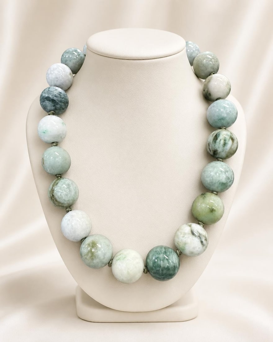 Unbranded 18 in Green Natural Jade Bead Necklace Gold Plated Hook Clasp: Unbranded 18 in Green Natural Jade Bead Necklace Gold Plated Hook Clasp Pre-owned beaded necklace featuring 20 natural genuine jade beads with a naturally varying mottled green appearance and a polish