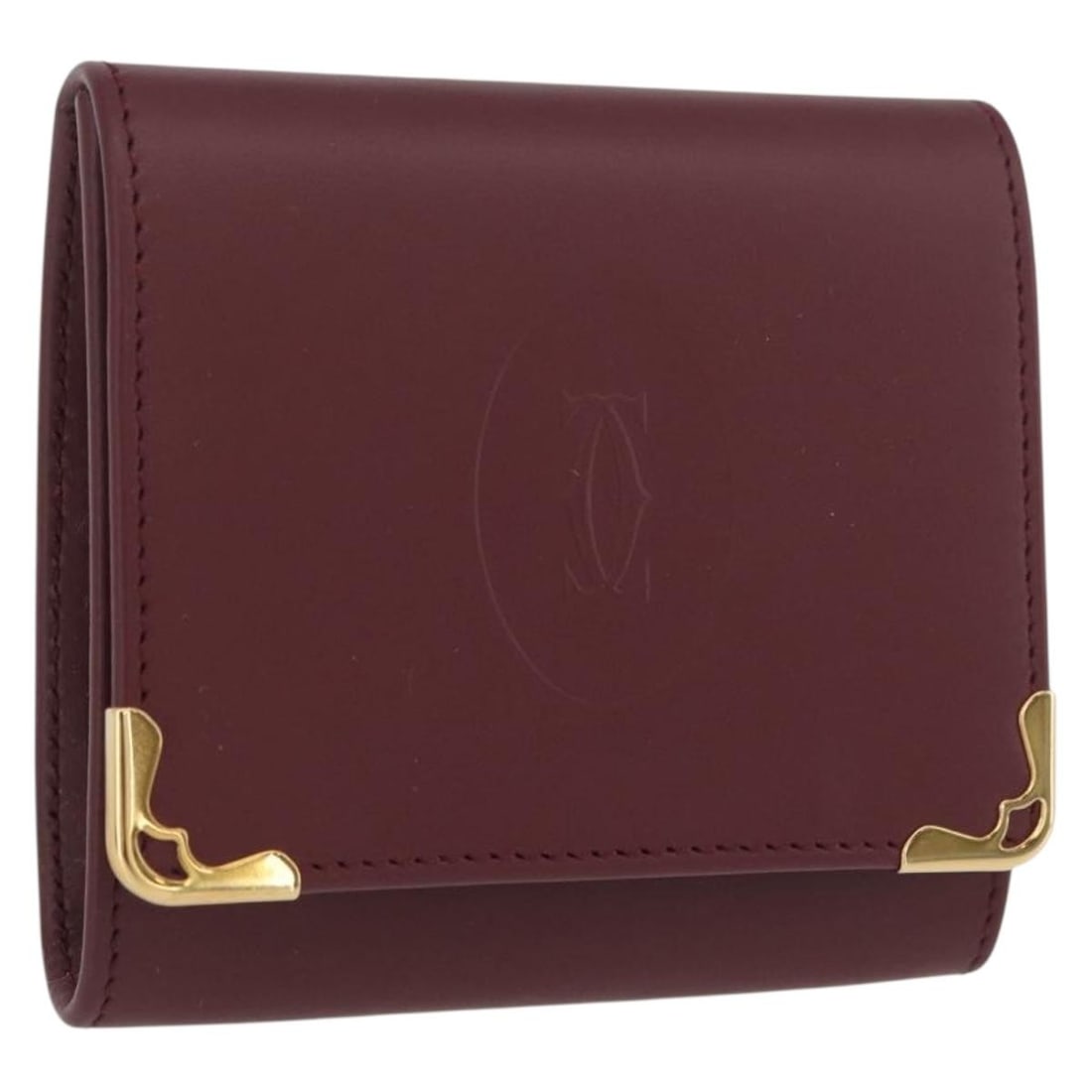 Leather Bordeaux Must Line Coin Purse by Cartier with Box and Card: Leather Bordeaux Must Line Coin Purse by Cartier with Box and Card This Cartier Must Line coin purse is crafted from bordeaux leather with gold-tone accents. Designed for women, it is compact and idea