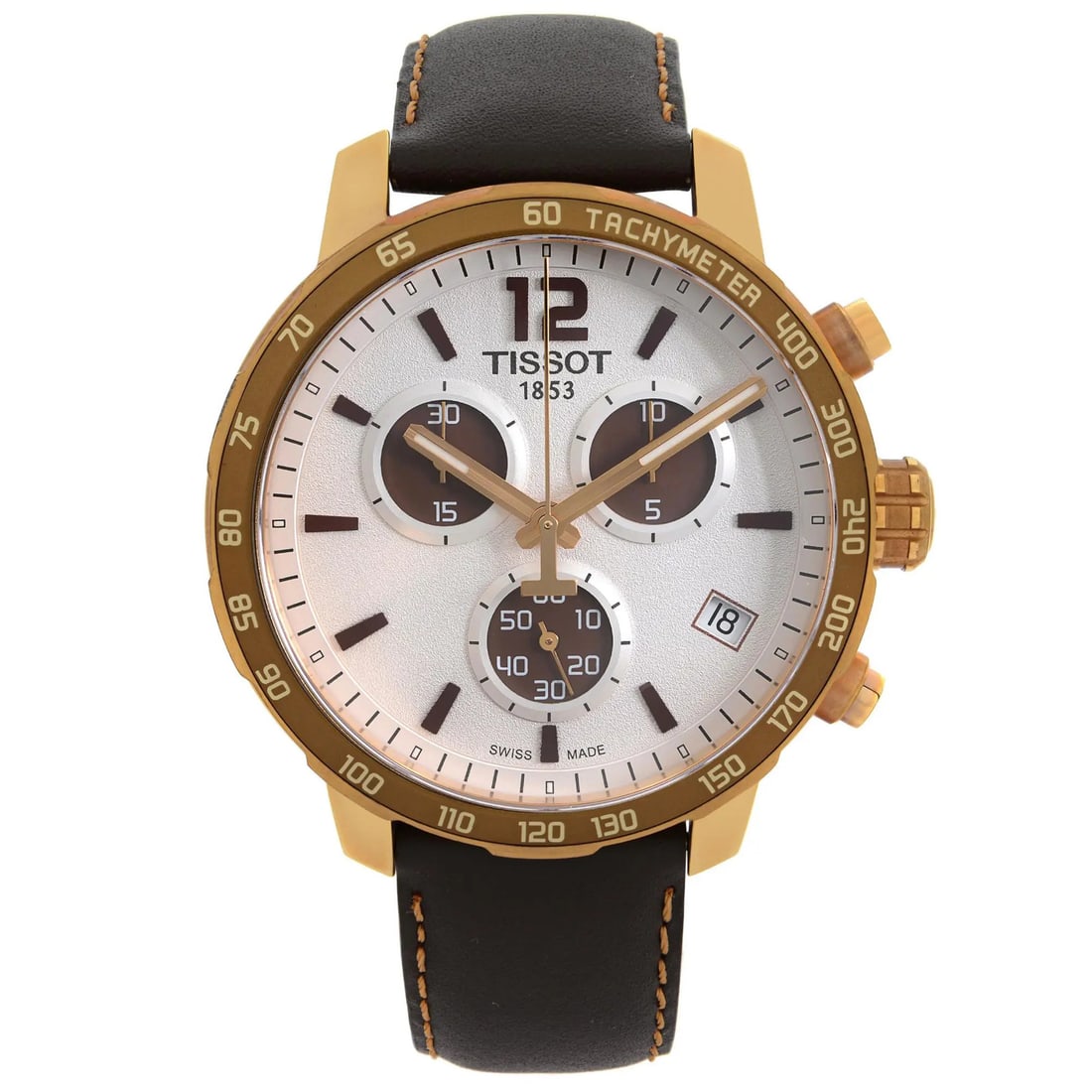 Tissot Quickster mens quartz chronograph watch silver dial leather strap: Tissot Quickster mens quartz chronograph watch silver dial leather strap Pre-owned Tissot Quickster chronograph wristwatch with a silver dial and quartz movement. This men's sport watch features an an