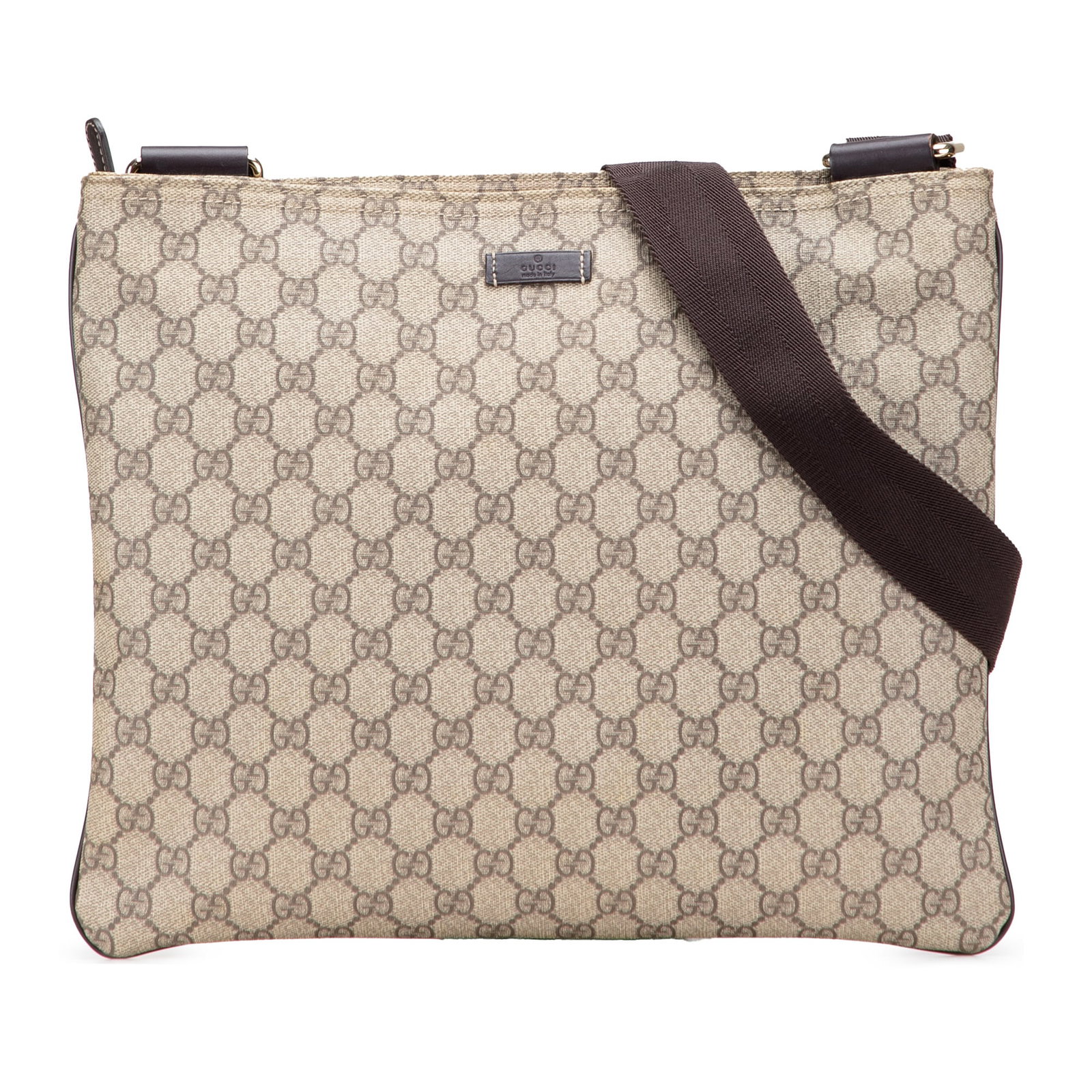Gucci GG Supreme Brown Crossbody Bag with Leather Trim: Gucci GG Supreme Brown Crossbody Bag with Leather Trim The Gucci GG Supreme Crossbody bag is a stylish accessory crafted from coated canvas with leather trim. It features an adjustable flat shoulder s