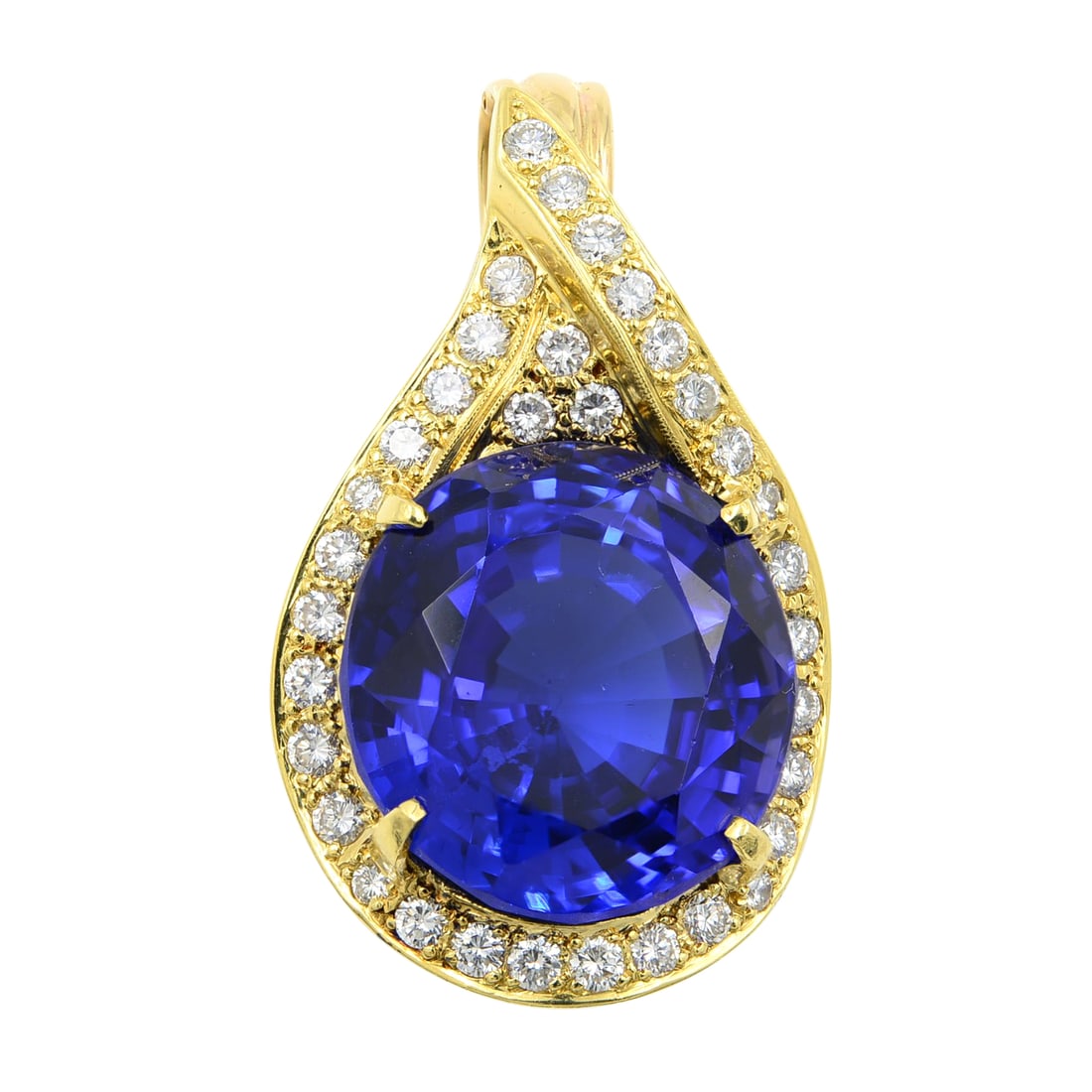 Rachel Koen 27.66ct Tanzanite Diamond Pendant Necklace 14K Gold: Rachel Koen 27.66ct Tanzanite Diamond Pendant Necklace 14K Gold This exquisite pendant necklace by Rachel Koen showcases a captivating 27.66 carat round cut tanzanite, radiating a deep, rich blue hue.