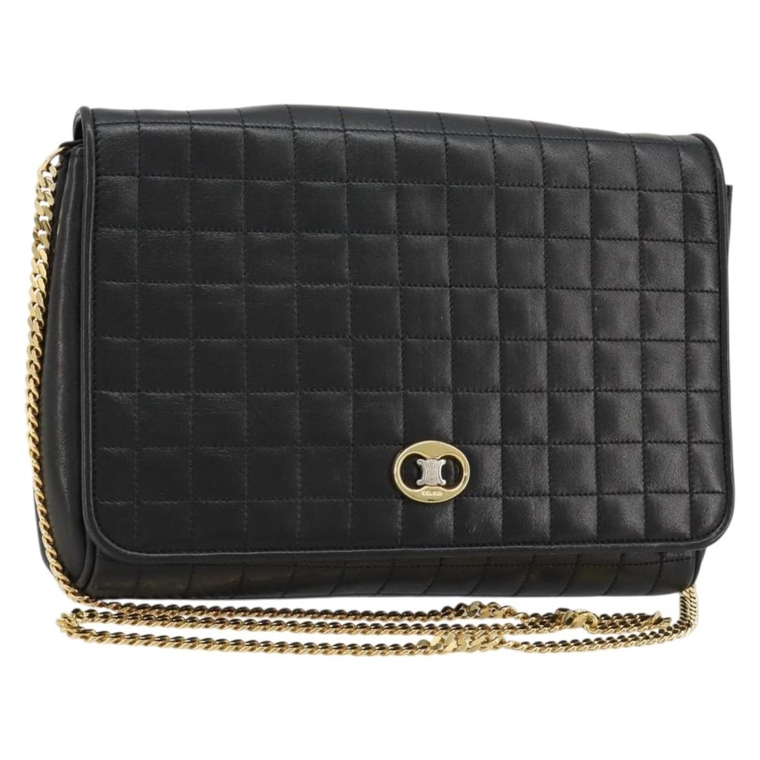 CELINE Leather Shoulder Bag Black with Gold Chain Italy: CELINE Leather Shoulder Bag Black with Gold Chain Italy Authentic CELINE chain shoulder bag in black leather with gold-tone accents. This women's shoulder bag includes a dust bag and shows reasonable 