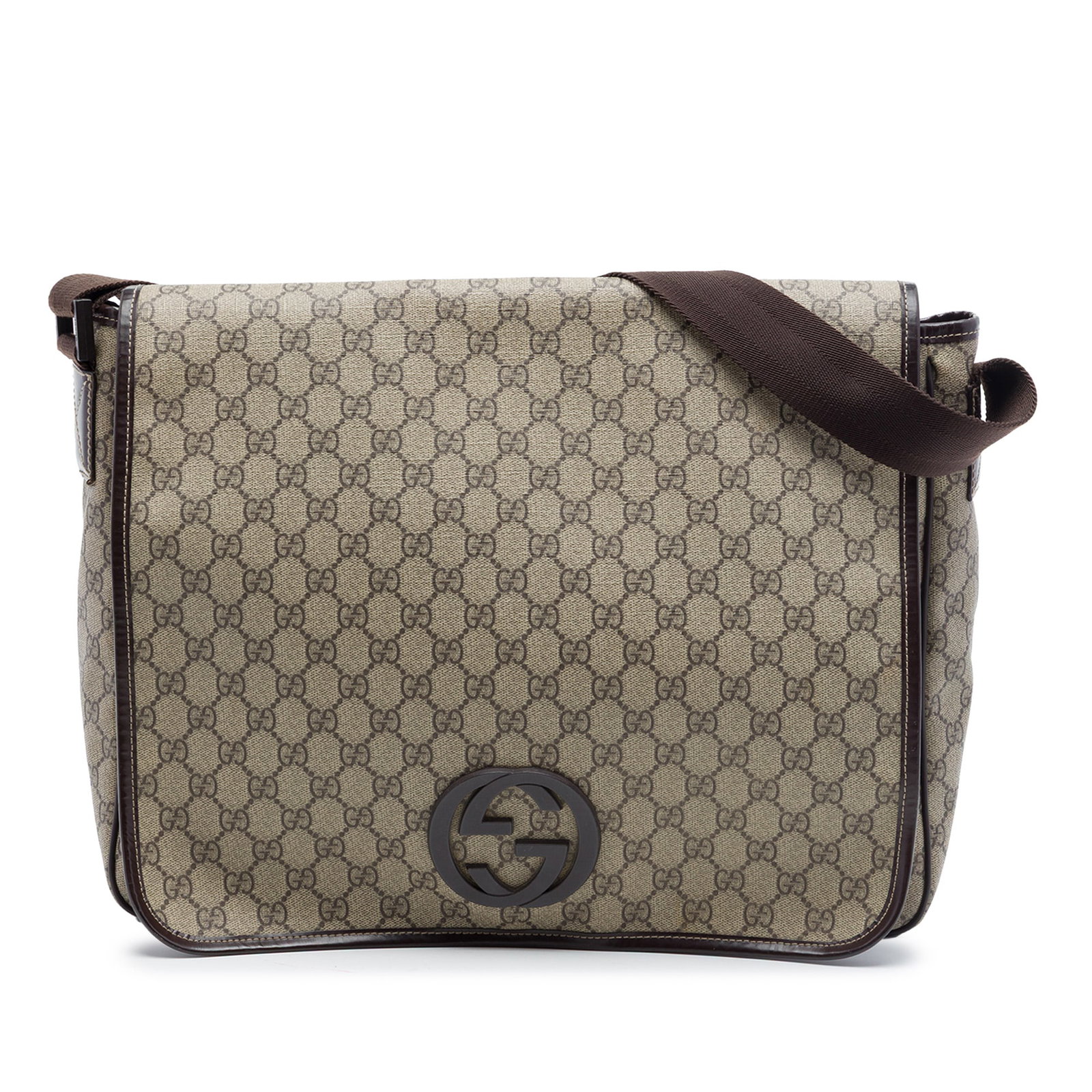 Gucci GG Supreme Interlocking G Large Messenger Crossbody Bag: Gucci GG Supreme Interlocking G Large Messenger Crossbody Bag Gucci Large GG Supreme Interlocking G Messenger Bag in beige coated canvas with leather trim. This crossbody style features an adjustable 