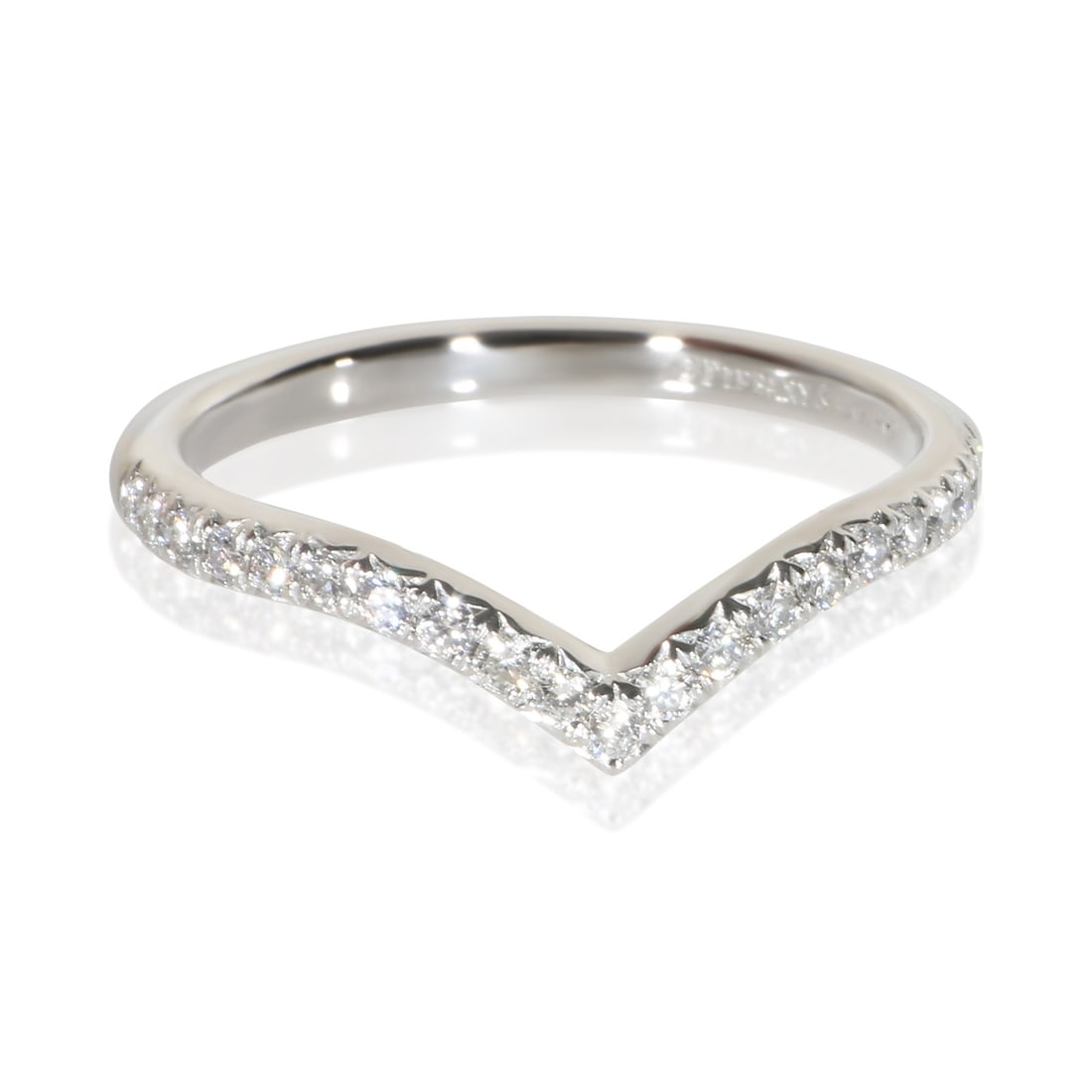 Tiffany & Co. Soleste V platinum diamond band ring size 6.75: Tiffany & Co. Soleste V platinum diamond band ring size 6.75 Pre-owned Tiffany & Co. Soleste V band ring crafted in platinum and set with round brilliant diamonds. This women's ring is from the Solest