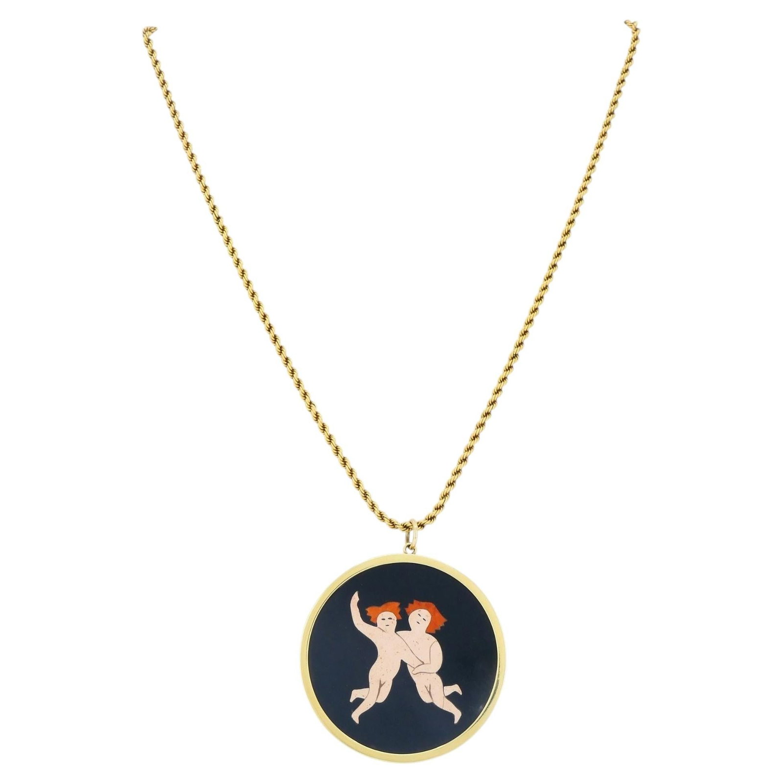 18k Gold Pendant Necklace with Putti Hardstone Plaque Rope Chain (1 of 11)