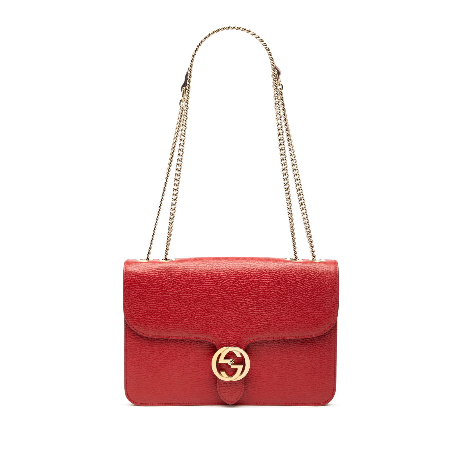 Red Leather Gucci Interlocking G Medium Chain Shoulder Bag: Red Leather Gucci Interlocking G Medium Chain Shoulder Bag This Gucci Medium Dollar Calfskin Interlocking G Crossbody bag features a red leather body with a chain link strap and leather shoulder guard