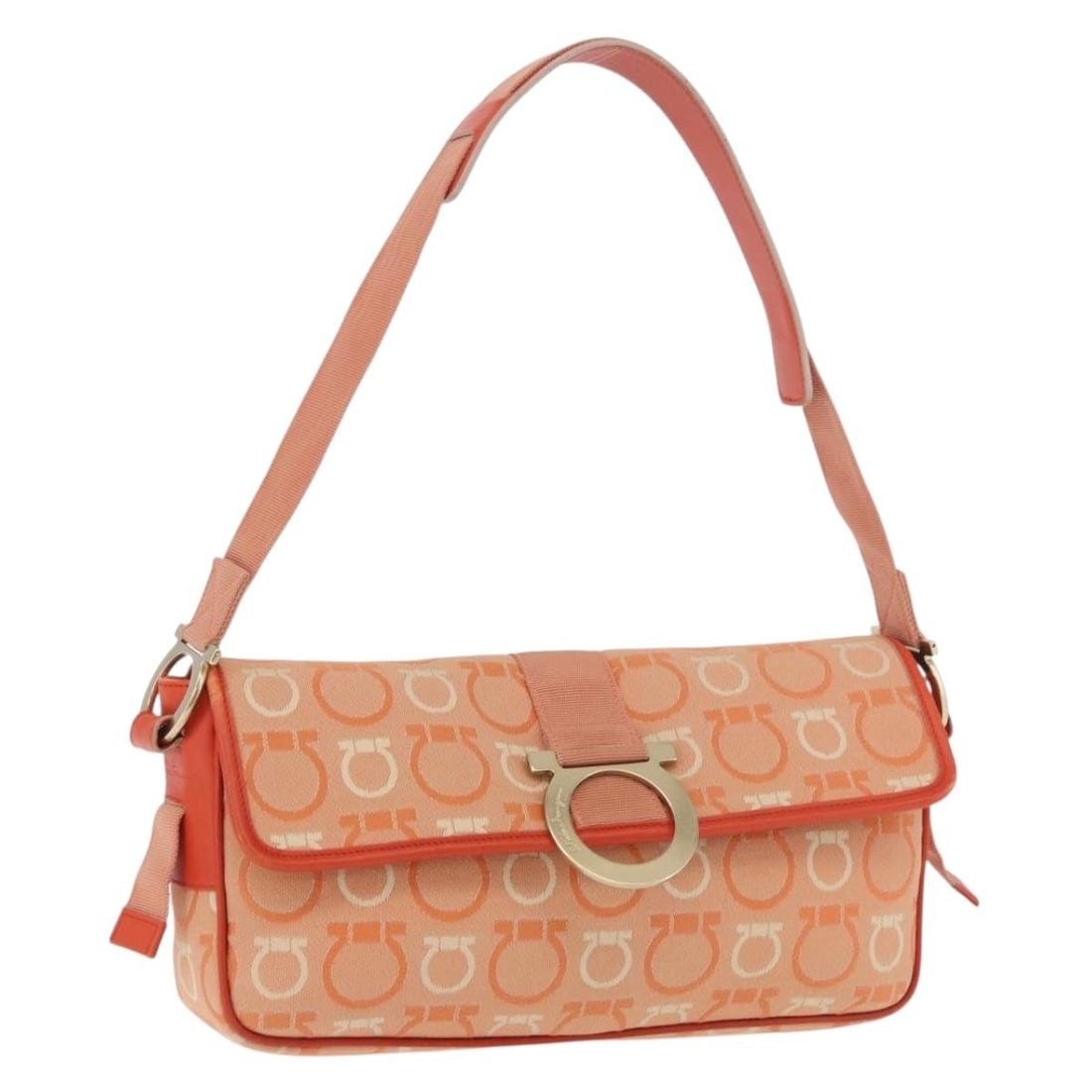 Canvas Shoulder Bag in Orange Gold by Salvatore Ferragamo Gancini: Canvas Shoulder Bag in Orange Gold by Salvatore Ferragamo Gancini Salvatore Ferragamo Gancini shoulder bag in orange and gold canvas, made in Italy. This women's shoulder bag has an approximate size o
