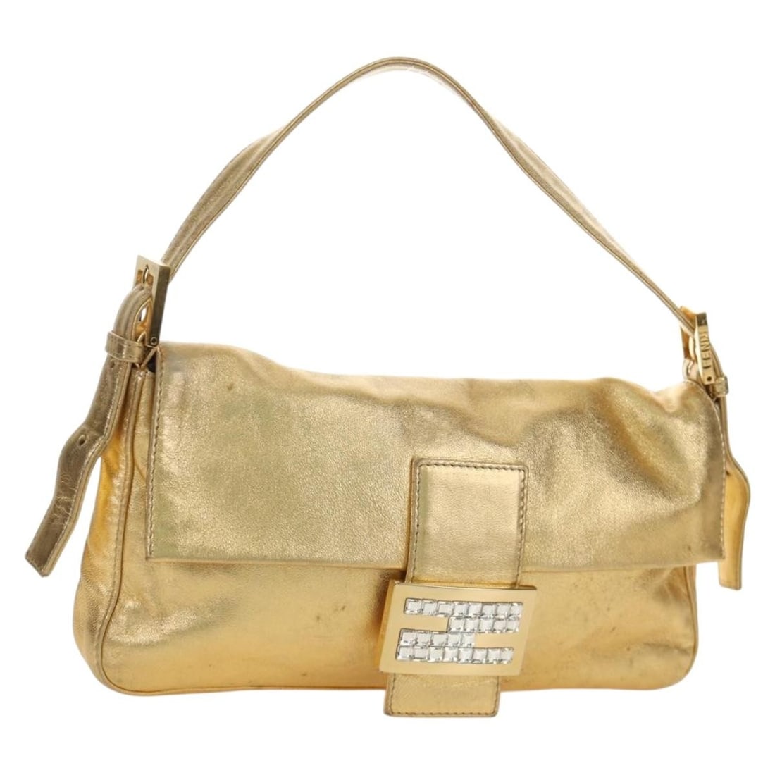 Fendi Gold Leather Shoulder Bag Mamma Baguette with Dust Bag: Fendi Gold Leather Shoulder Bag Mamma Baguette with Dust Bag Fendi Mamma Baguette shoulder bag in gold leather with a compact silhouette and adjustable shoulder strap. Includes a dust bag. Condition i