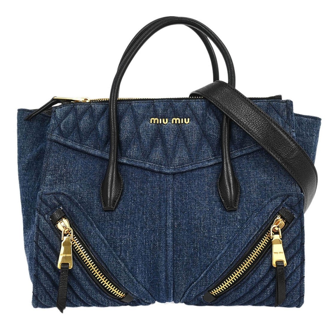 Miu Miu Matelasse Denim Top Handle Bag with Shoulder Strap: Miu Miu Matelasse Denim Top Handle Bag with Shoulder Strap Vintage Miu Miu 2way handbag in blue matelasse denim with black leather trim. This medium top handle bag features double handles, two exterio