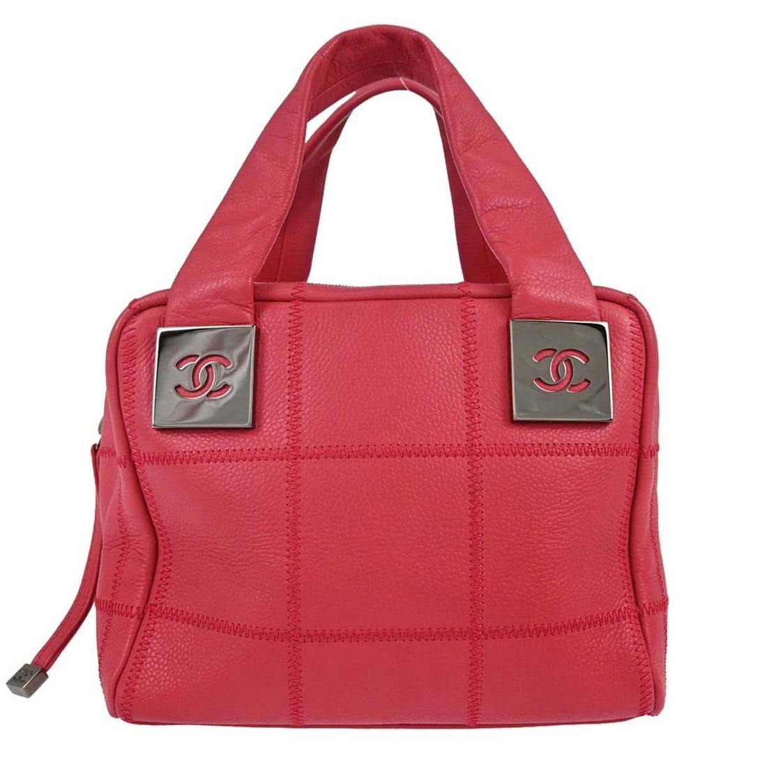 CHANEL Choco Bar red caviar leather top handle bag: CHANEL Choco Bar red caviar leather top handle bag Chanel Choco Bar handbag in red caviar skin leather with wild stitch detailing. This women's top handle bag features double handles, a zip closure, a