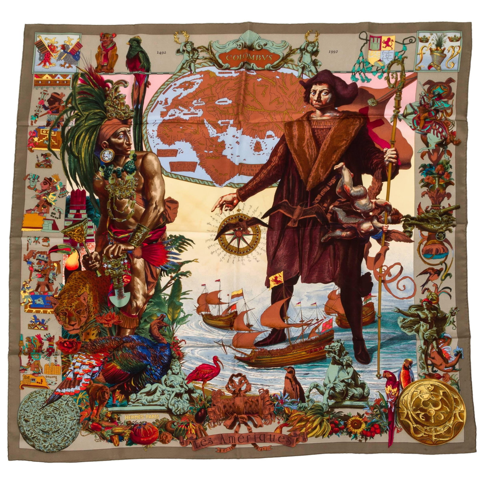 Hermes Les Ameriques Silk Scarf by Kermit Oliver 35" Square: Hermes Les Ameriques Silk Scarf by Kermit Oliver 35" Square Experience the elegance of the Hermes Les Ameriques Scarf designed by Kermit Oliver. This exquisite scarf features a stunning taupe color an