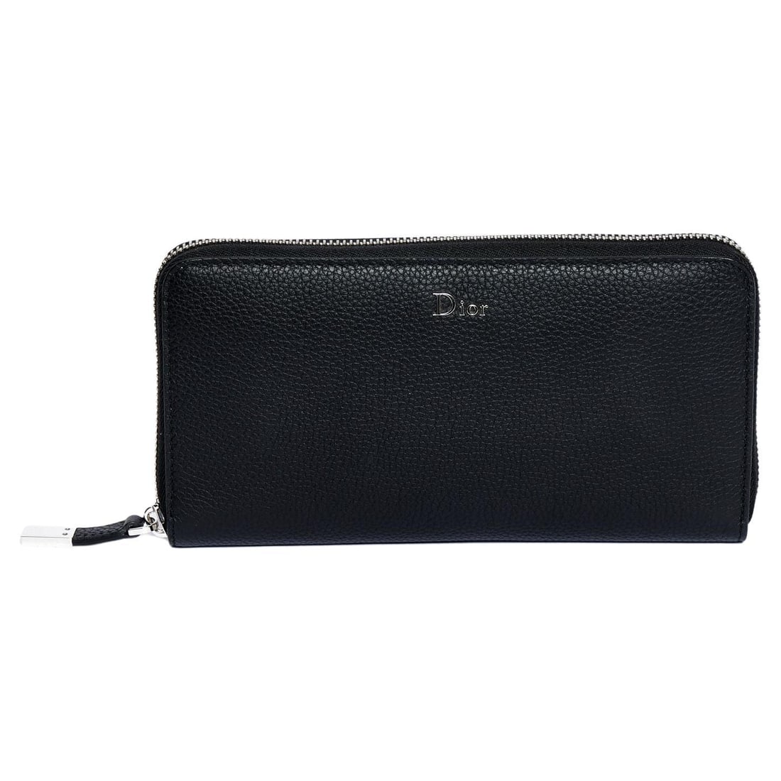 Christian Dior Black Leather Zip Around Wallet with Dust Cover: Christian Dior Black Leather Zip Around Wallet with Dust Cover This elegant Dior wallet is crafted from luxurious black leather, featuring a secure zip closure and striking silver metal hardware. The 