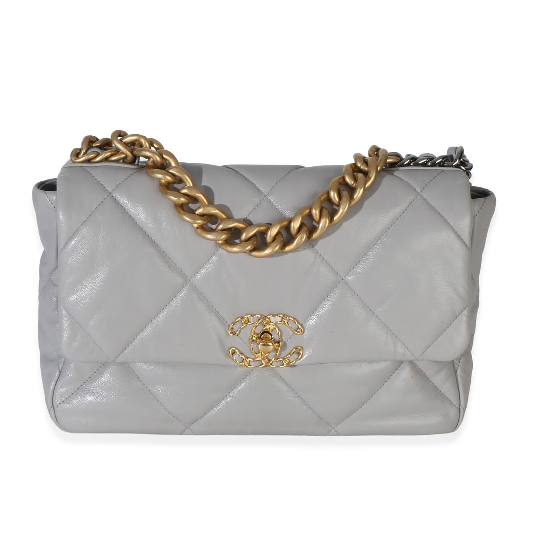 Chanel 19 Large Gray Quilted Lambskin Shoulder Bag: Chanel 19 Large Gray Quilted Lambskin Shoulder Bag Pre-owned Chanel 19 Flap Bag in gray quilted lambskin with a turnlock closure and fabric-lined interior. This large shoulder bag includes a dust bag.