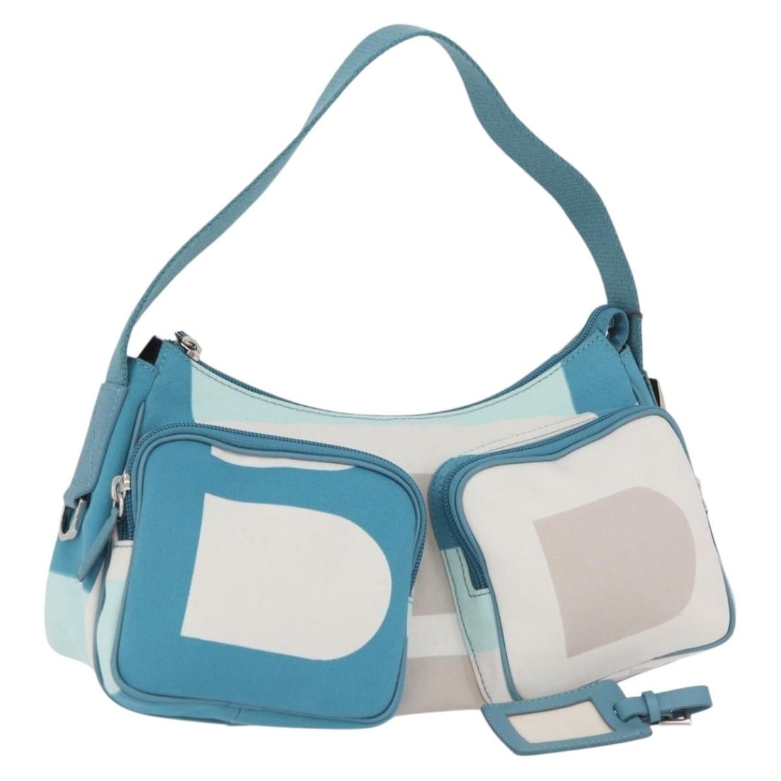 Baby Blue Canvas Shoulder Bag by Bally with Silver Accents: Baby Blue Canvas Shoulder Bag by Bally with Silver Accents This BALLY women's shoulder bag features a stylish baby blue and silver canvas exterior. The bag offers a practical design with a compact pro