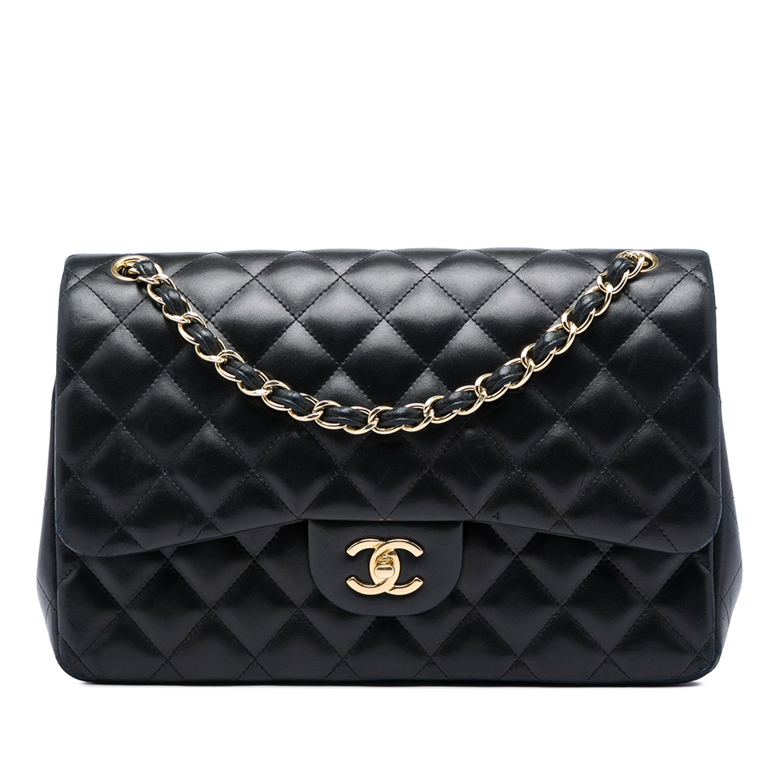 Chanel Jumbo Classic Double Flap Shoulder Bag Black Lambskin: Chanel Jumbo Classic Double Flap Shoulder Bag Black Lambskin Chanel Jumbo Classic Lambskin Double Flap shoulder bag in black quilted lambskin leather. This bag features leather-woven chain straps, dou