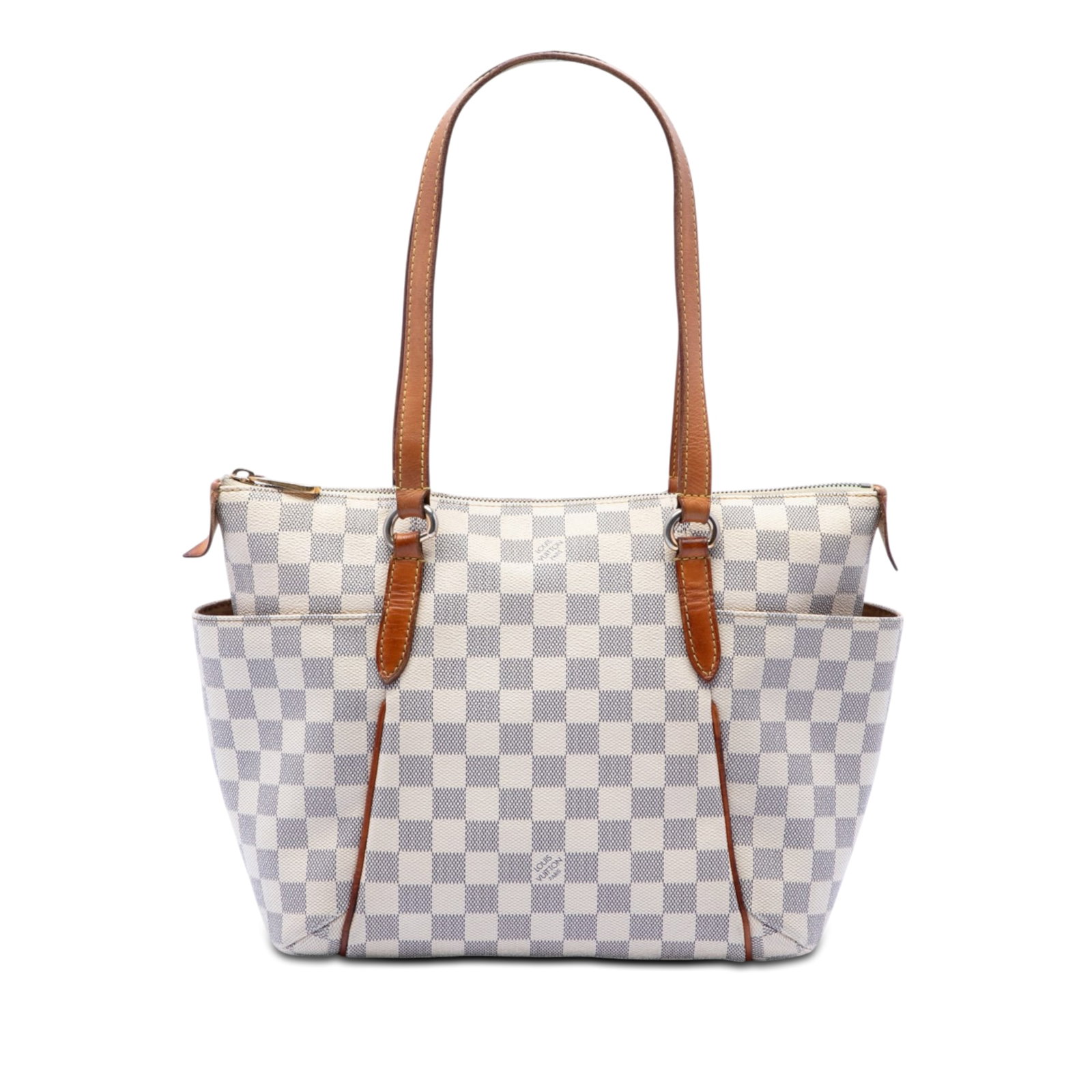 Louis Vuitton Totally PM Damier Azur Shoulder Bag: Louis Vuitton Totally PM Damier Azur Shoulder Bag Louis Vuitton Damier Azur Totally PM bag in Damier Azur canvas with flat vachetta leather handles, a top zip closure, exterior side slip pockets, and 