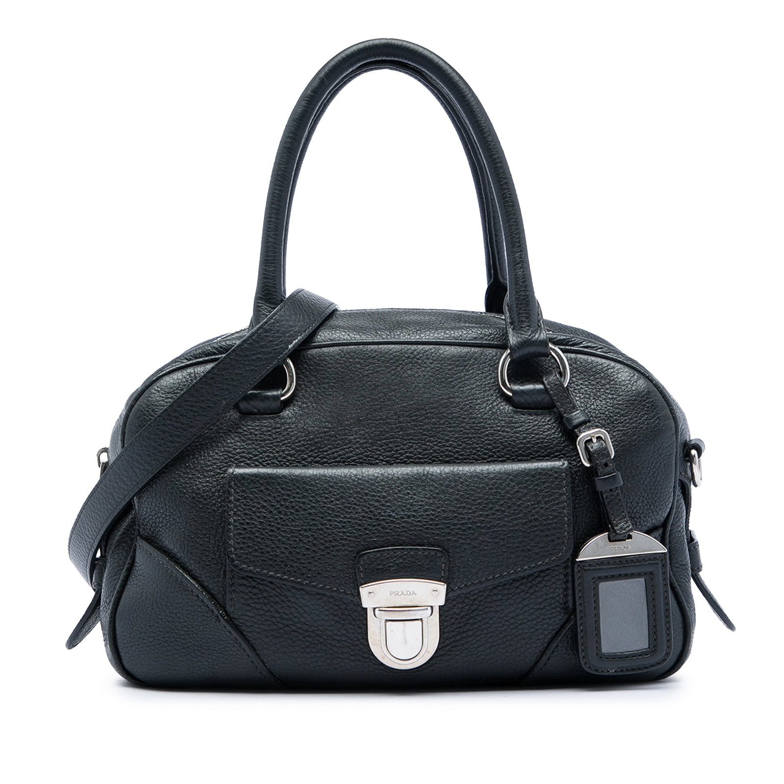 Prada Vitello Daino leather satchel with front flap pocket: Prada Vitello Daino leather satchel with front flap pocket Prada Vitello Daino Front Pocket Boston Bag in black leather with rolled leather handles, a detachable flat strap, top zip closure, exterior 