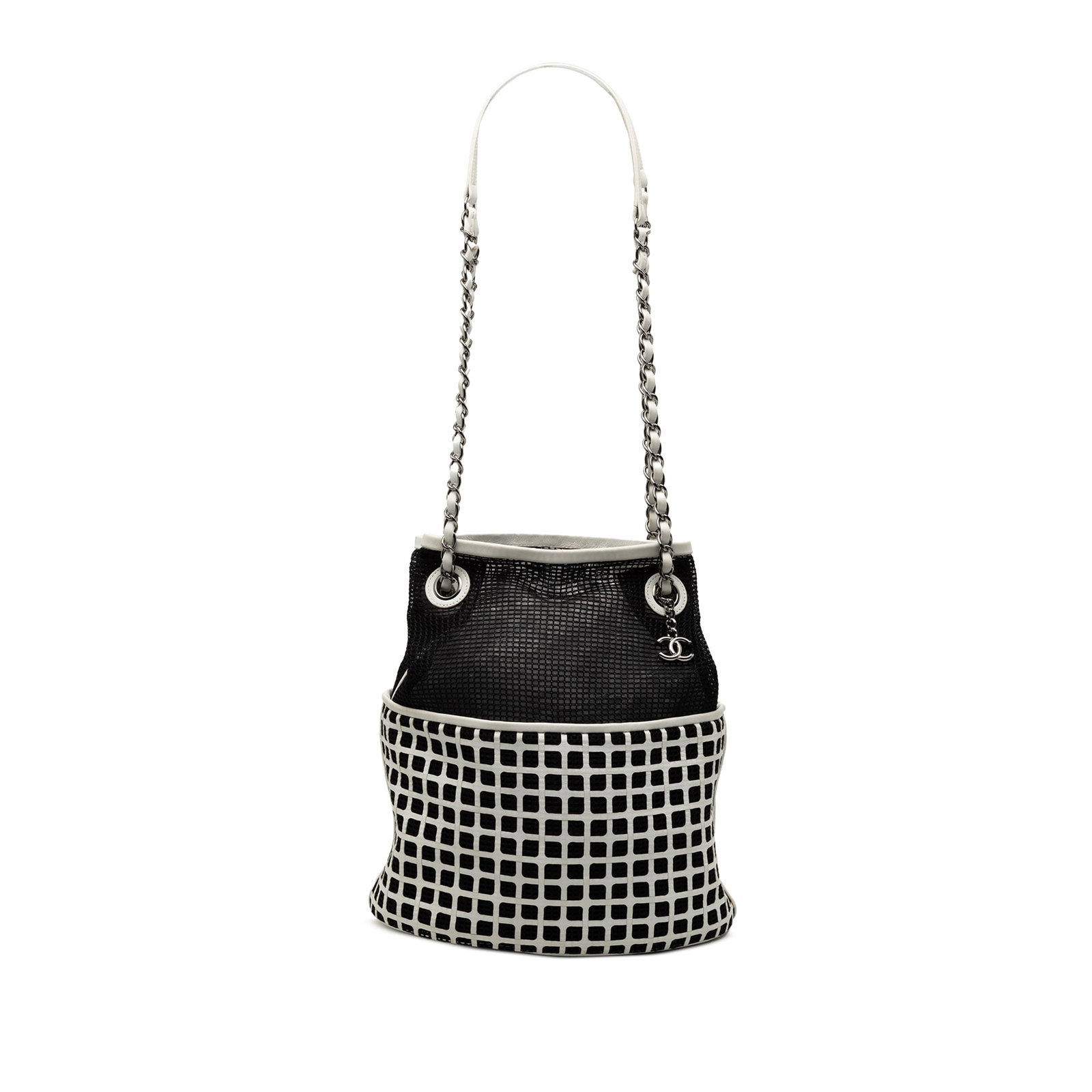 Black Chanel Mesh and Calf Leather Bucket Shoulder Bag: Black Chanel Mesh and Calf Leather Bucket Shoulder Bag This Chanel CC Mesh and Calfskin Bucket Bag features a mesh and calf leather body with leather woven chain link shoulder straps and an open top. 