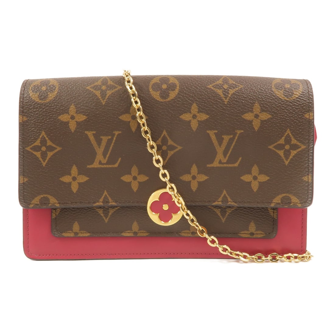 Louis Vuitton M69578 Portefeuille Flore Monogram Chain Shoulder Bag: Louis Vuitton M69578 Portefeuille Flore Monogram Chain Shoulder Bag Portefeuille Flore chain shoulder bag in Monogram PVC coated canvas with a brown exterior and red and brown/fuchsia accents. This wo