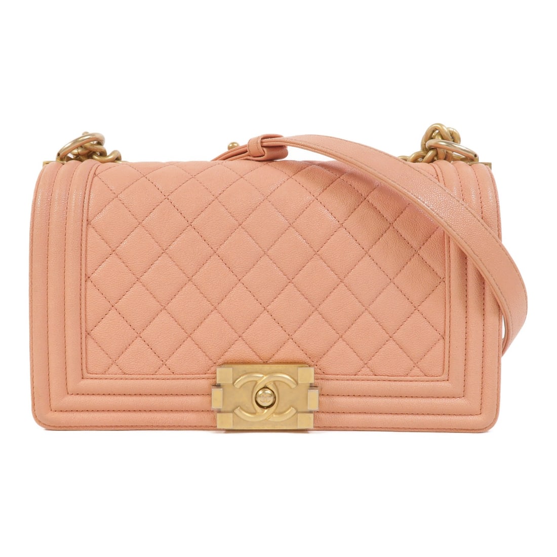 CHANEL Boy 25 Pink Calfskin Chain Shoulder Bag with CC GHW: CHANEL Boy 25 Pink Calfskin Chain Shoulder Bag with CC GHW Chanel Boy 25 chain shoulder bag in pink calfskin leather with CC GHW styling. This women's shoulder bag features a flap design with one open