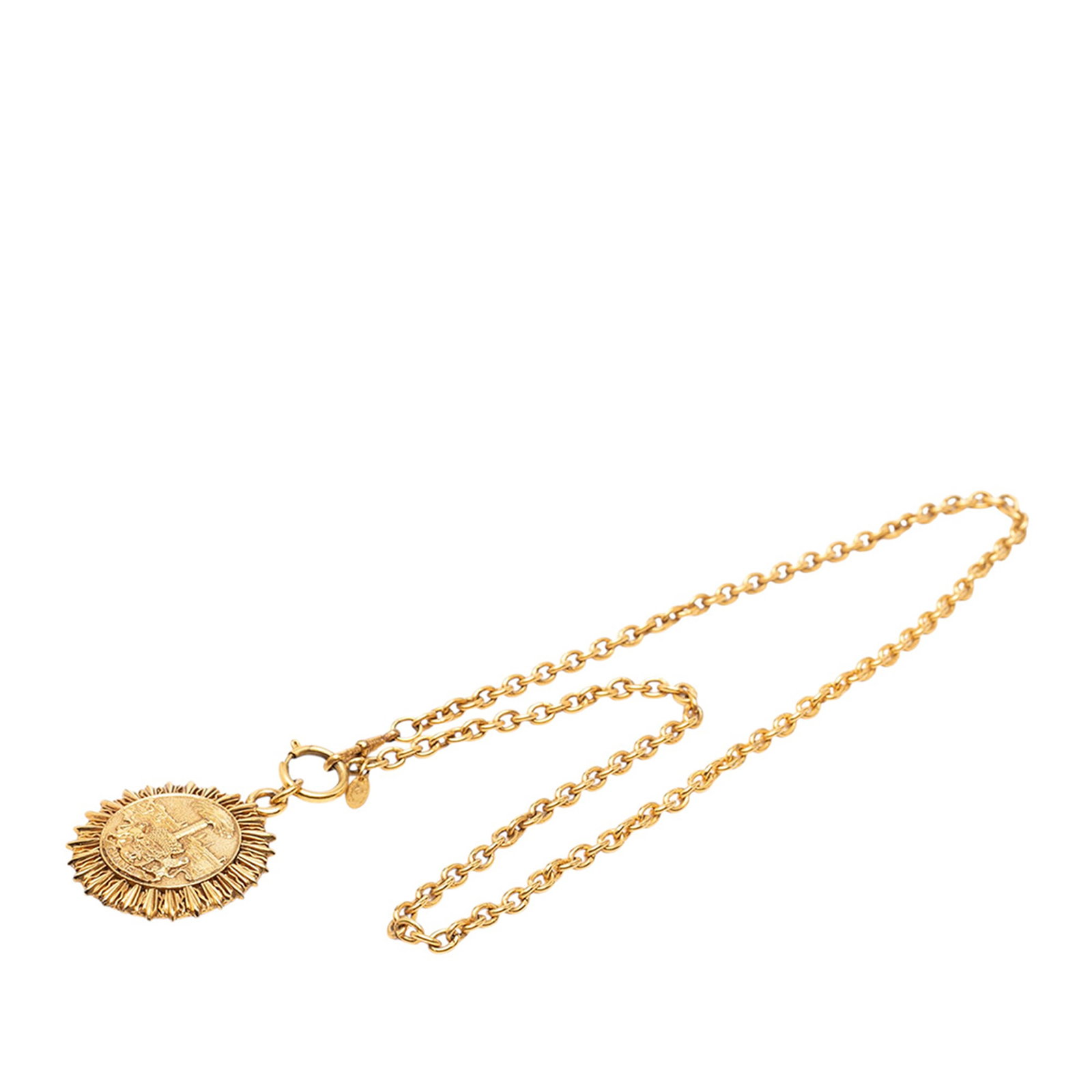 Chanel gold-tone medallion sunburst pendant necklace: Chanel gold-tone medallion sunburst pendant necklace This Chanel necklace features a gold-tone metal medallion pendant with a coat of arms and sunburst design, complemented by a matching gold-tone cha