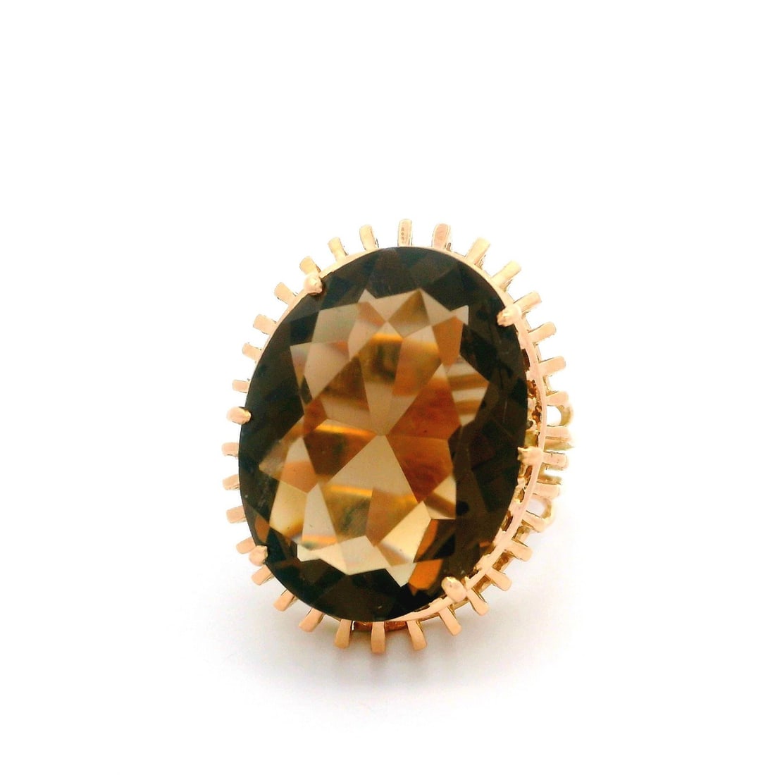 Vintage 14k Yellow Gold Smoky Quartz Cocktail Ring High Profile Design: Vintage 14k Yellow Gold Smoky Quartz Cocktail Ring High Profile Design Elevate your style with this stunning Vintage 14k Yellow Gold Smoky Quartz High Profile Open Wire Work Cocktail Ring. Featuring a