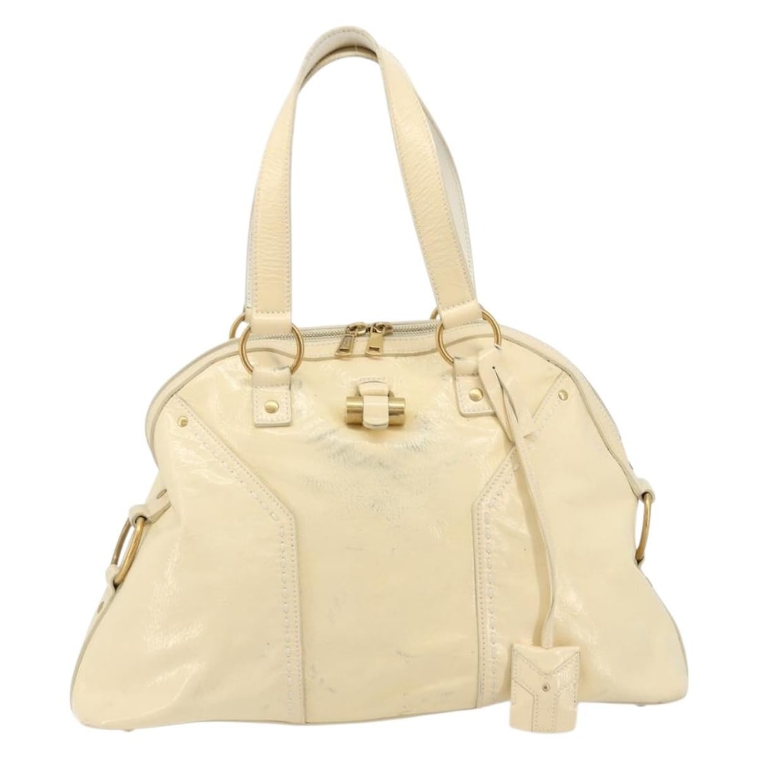 Saint Laurent Muse Patent Leather White Shoulder Bag: Saint Laurent Muse Patent Leather White Shoulder Bag This Saint Laurent Muse Shoulder Bag is crafted from white patent leather and features a spacious design suitable for unisex use. The bag exhibits 