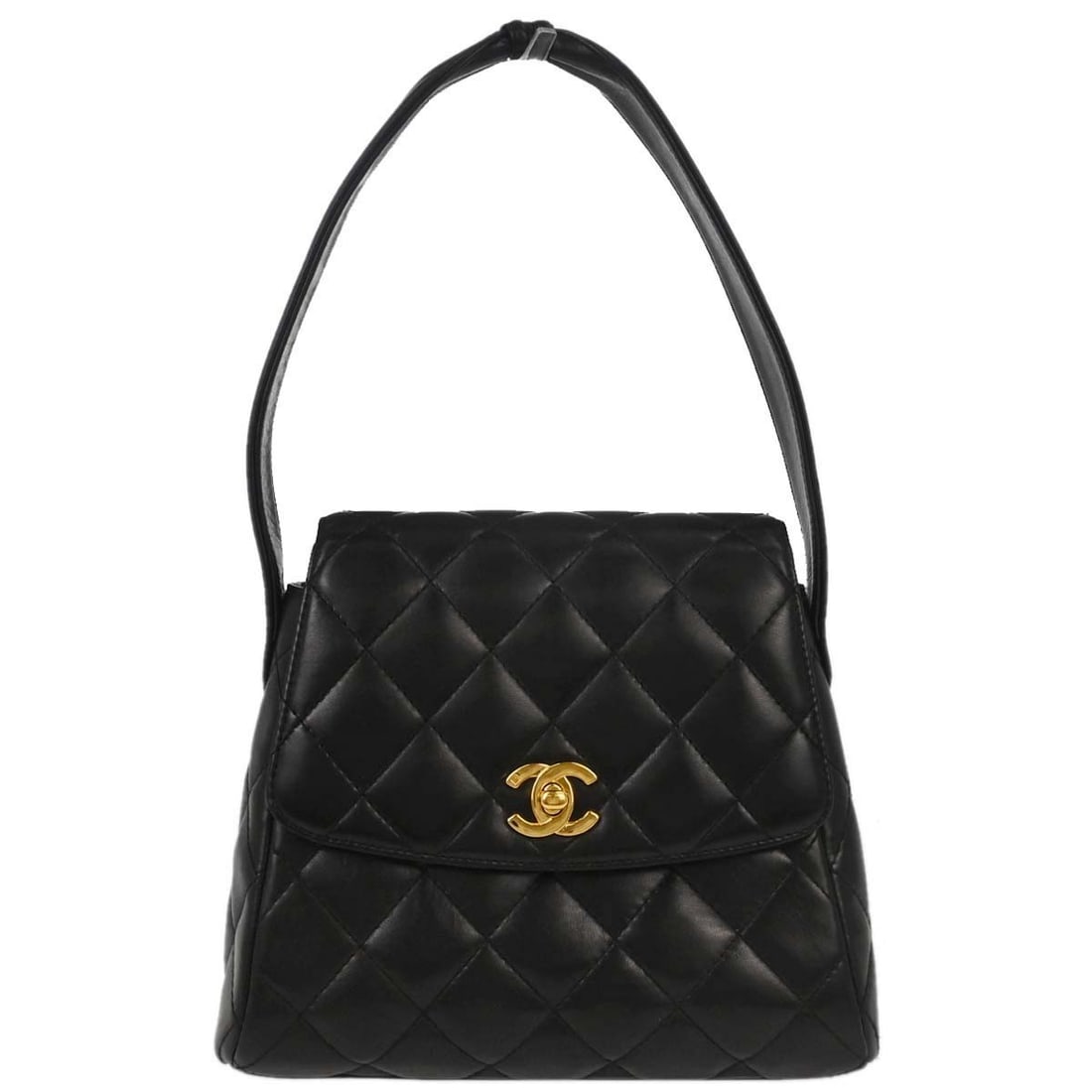 CHANEL Matelasse Quilted Lambskin Flap Top Handle Bag Black: CHANEL Matelasse Quilted Lambskin Flap Top Handle Bag Black Black Chanel handbag in lambskin leather with a matelasse quilted exterior and flap turnlock closure. This medium top-handle bag features a 