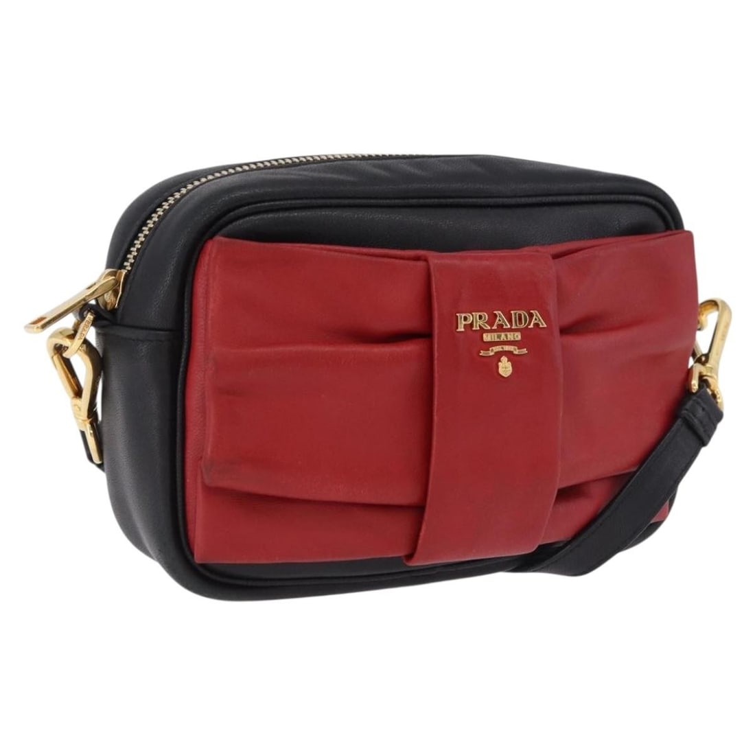 PRADA Ribbon Leather Shoulder Bag Black and Gold 196349A: PRADA Ribbon Leather Shoulder Bag Black and Gold 196349A Prada ribbon shoulder bag in black leather with gold-tone accents. This women's shoulder bag is made in Italy and includes only the item shown;