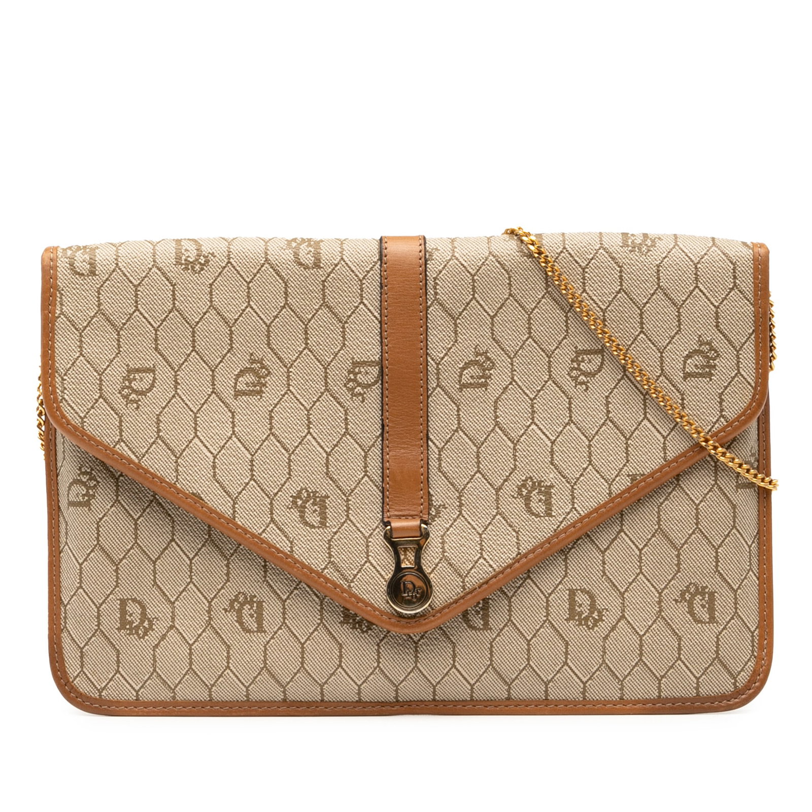Dior Brown Honeycomb Pattern Canvas Chain Shoulder Bag with Leather Trim: Dior Brown Honeycomb Pattern Canvas Chain Shoulder Bag with Leather Trim This Dior Honeycomb crossbody bag features a coated canvas body with leather trim, a chain shoulder strap, and a front flap sec