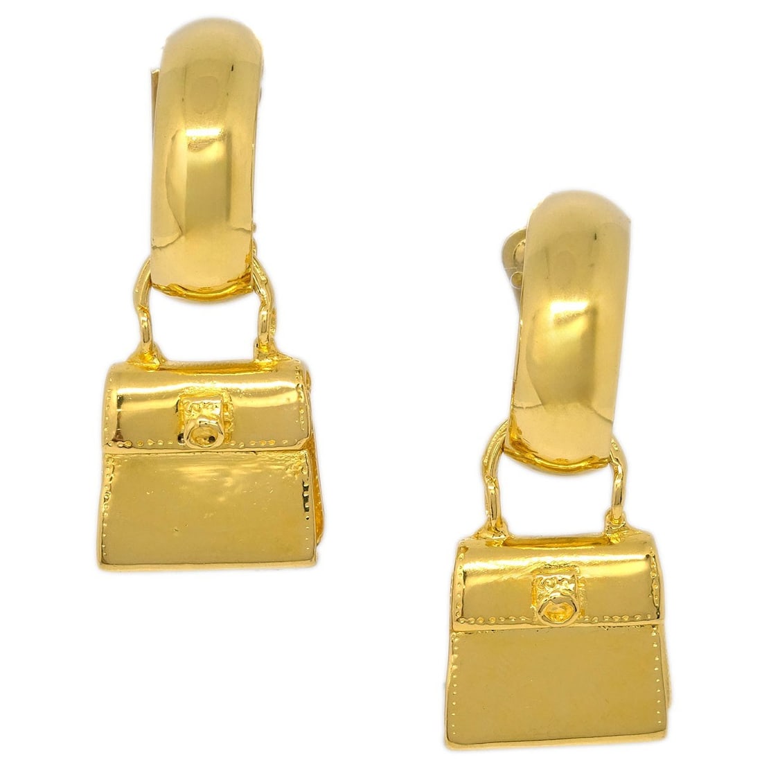Celine 91 Gold Plated Clip On Dangle Earrings: Celine 91 Gold Plated Clip On Dangle Earrings Clip-on dangle earrings in gold-plated metal, made in Italy. This pair features a handbag motif and a gold-tone finish. Condition is very good overall, wi