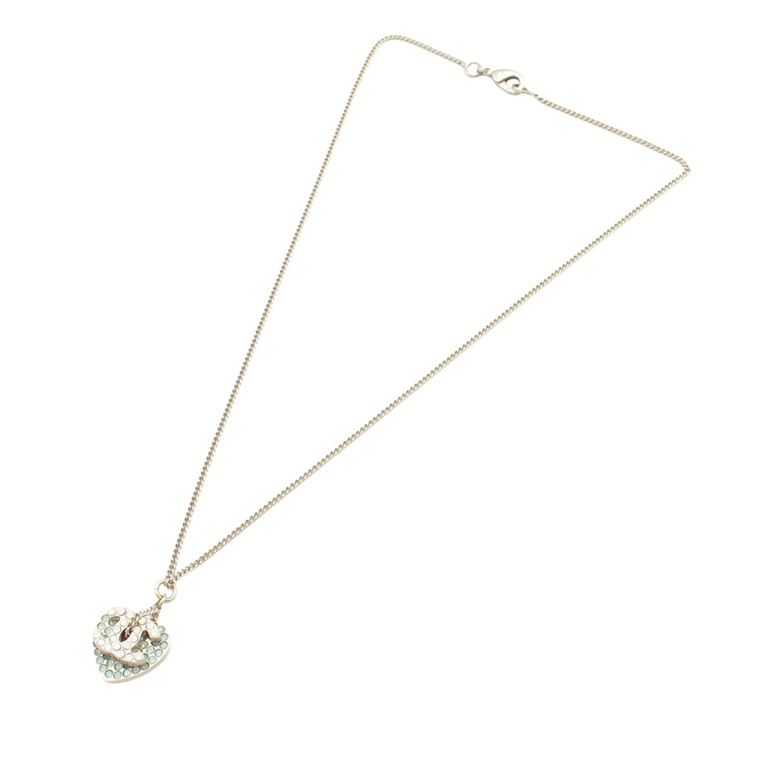 Chanel CC Heart Rhinestone Gold Plated Necklace: Chanel CC Heart Rhinestone Gold Plated Necklace This Chanel necklace features a gold plated metal chain with rhinestone-embellished CC logo and heart pendants. It is secured with a lobster clasp closu