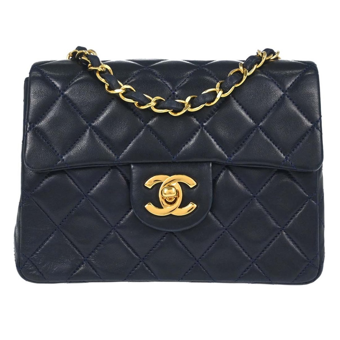 CHANEL Classic Flap Mini Square Navy Lambskin Shoulder Bag: CHANEL Classic Flap Mini Square Navy Lambskin Shoulder Bag Chanel Mini Classic Square Flap shoulder bag in navy lambskin leather with matelasse quilting and a flap turnlock closure. This small shoulde