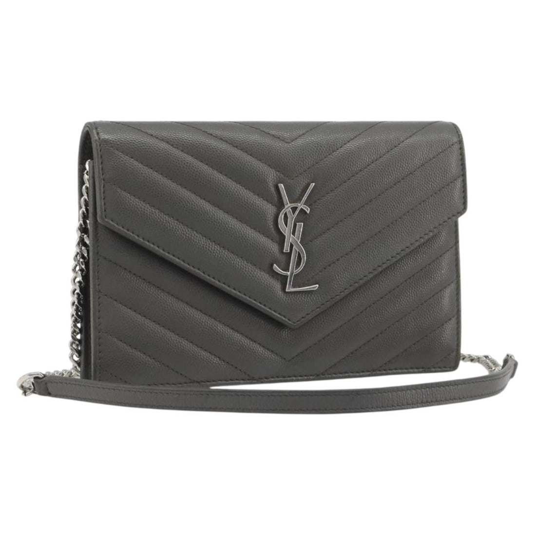 Saint Laurent Cassandra leather wallet with chain gray silver: Saint Laurent Cassandra leather wallet with chain gray silver Saint Laurent Cassandra chain shoulder wallet in gray leather with silver-tone accents. Made in Italy, this women's wallet includes a dust